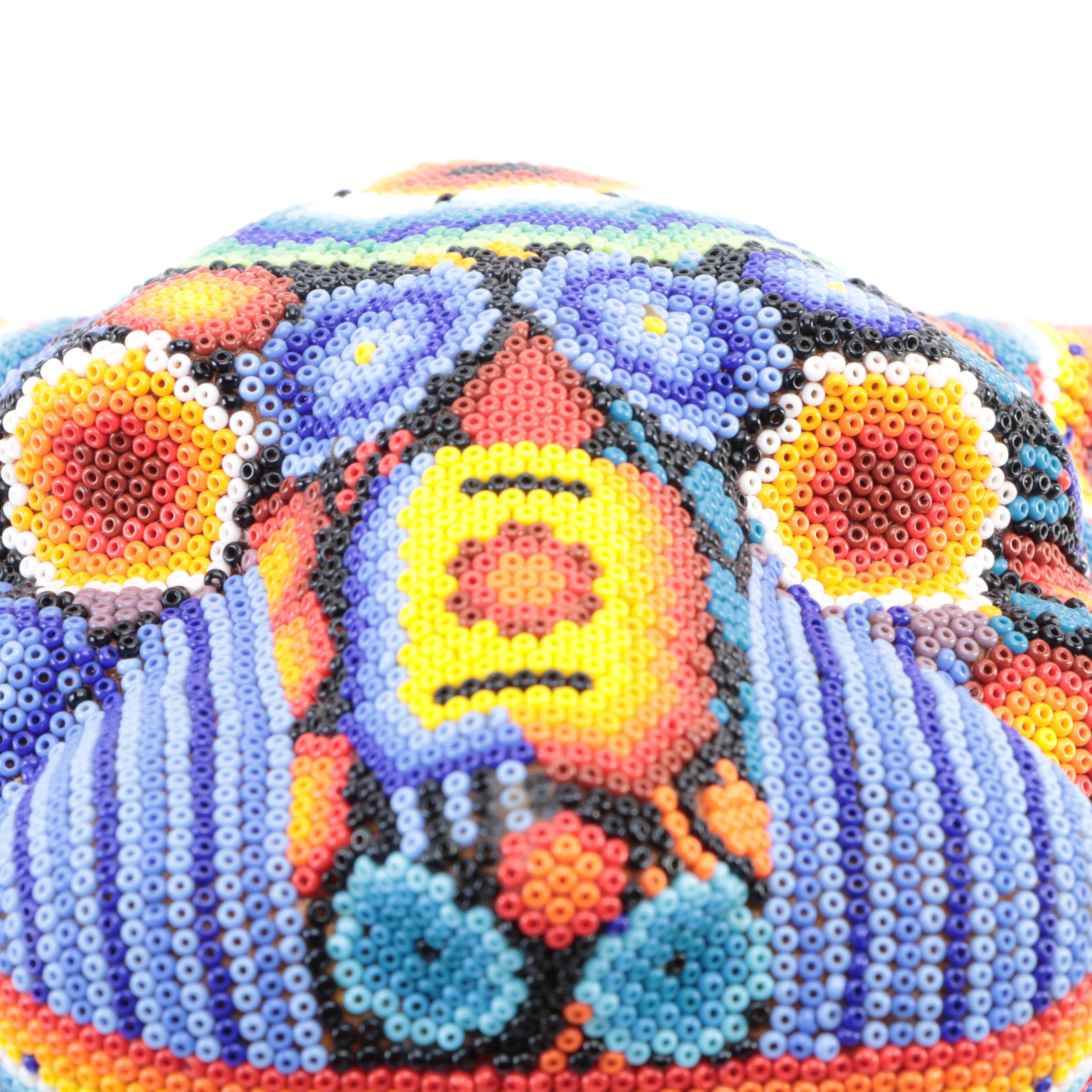 Mexican Huichol Style Beaded Wooden Jaguar Head Wall Décor
