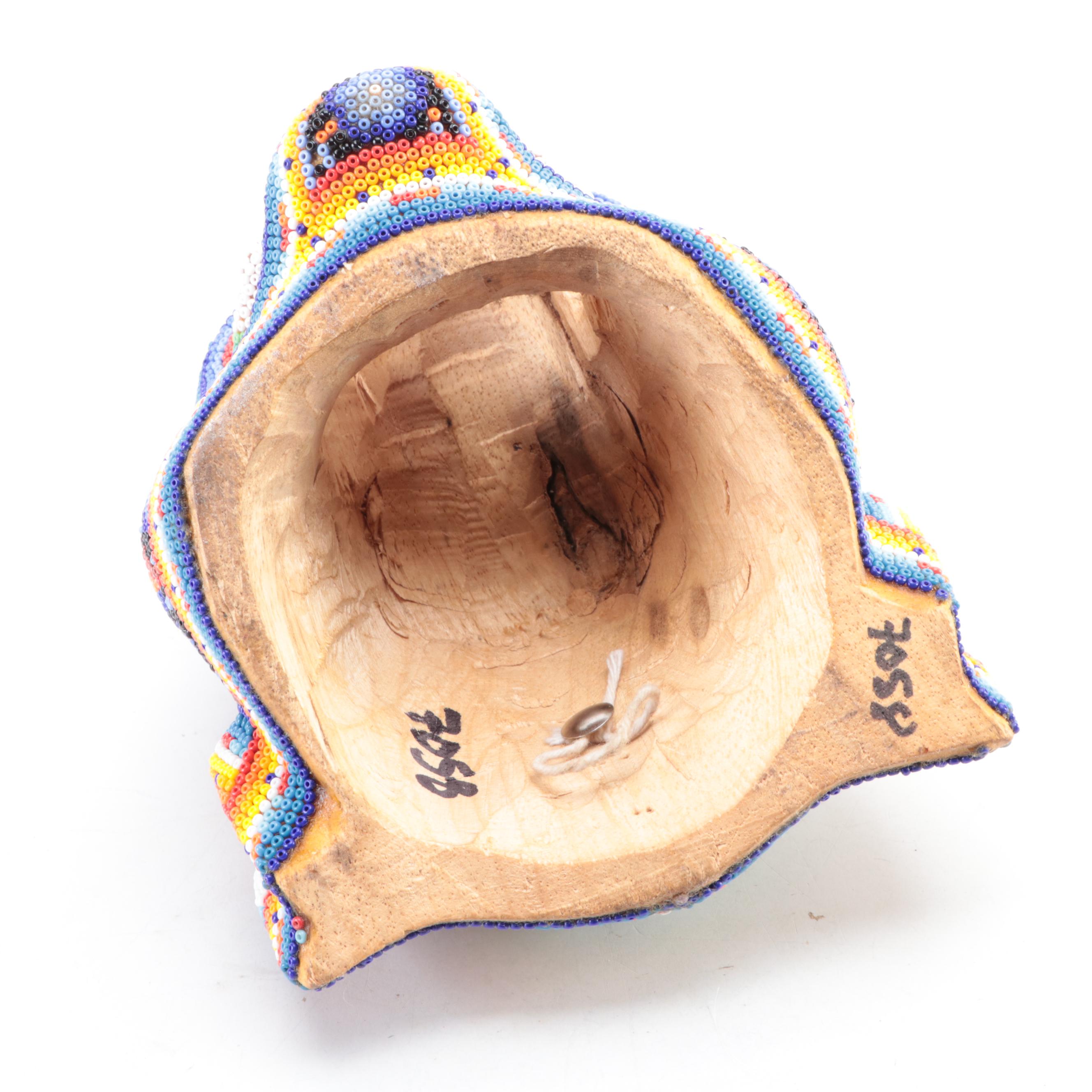 Mexican Huichol Style Beaded Wooden Jaguar Head Wall Décor