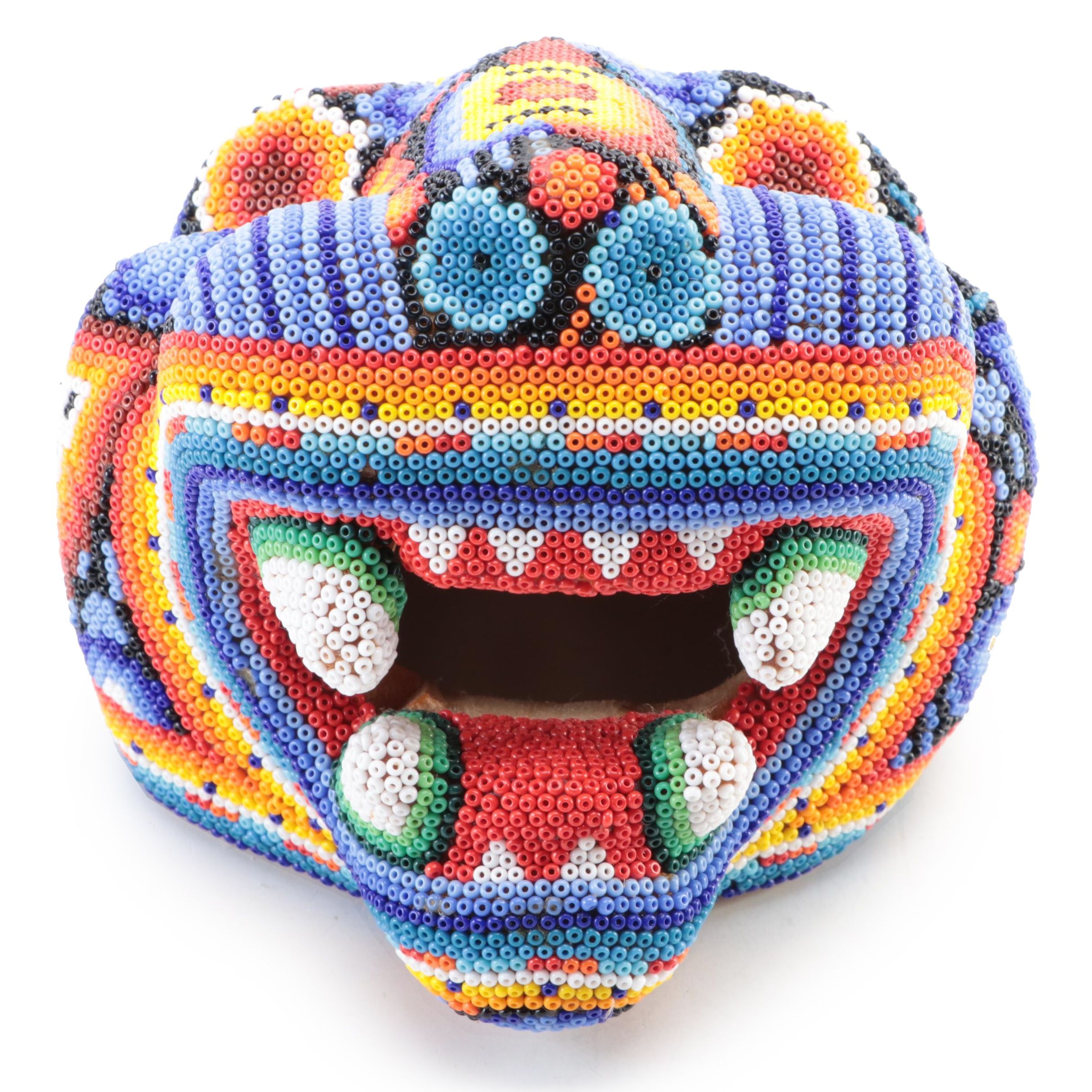 Mexican Huichol Style Beaded Wooden Jaguar Head Wall Décor