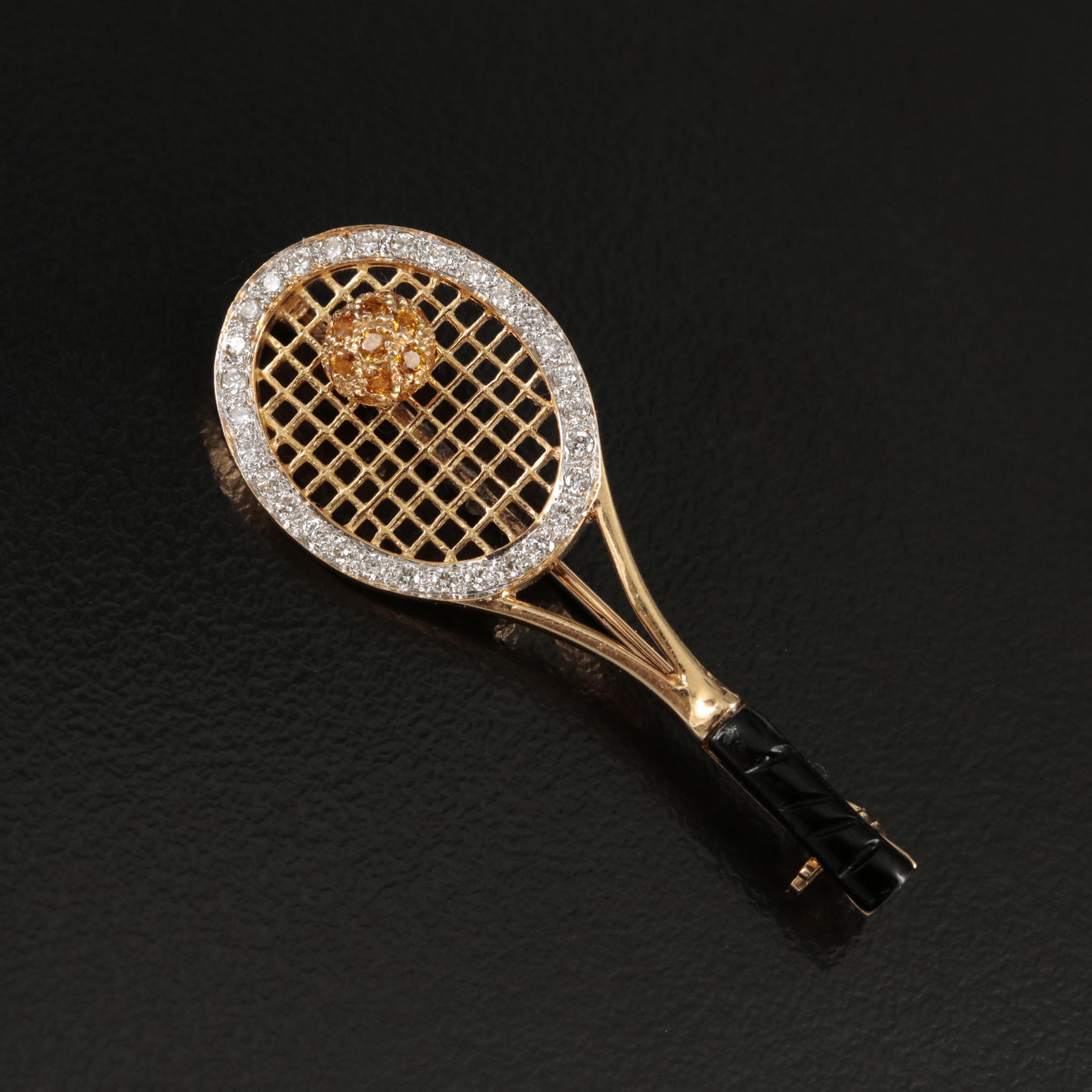 18K Diamond, Sapphire and Enamel Tennis Racket Brooch