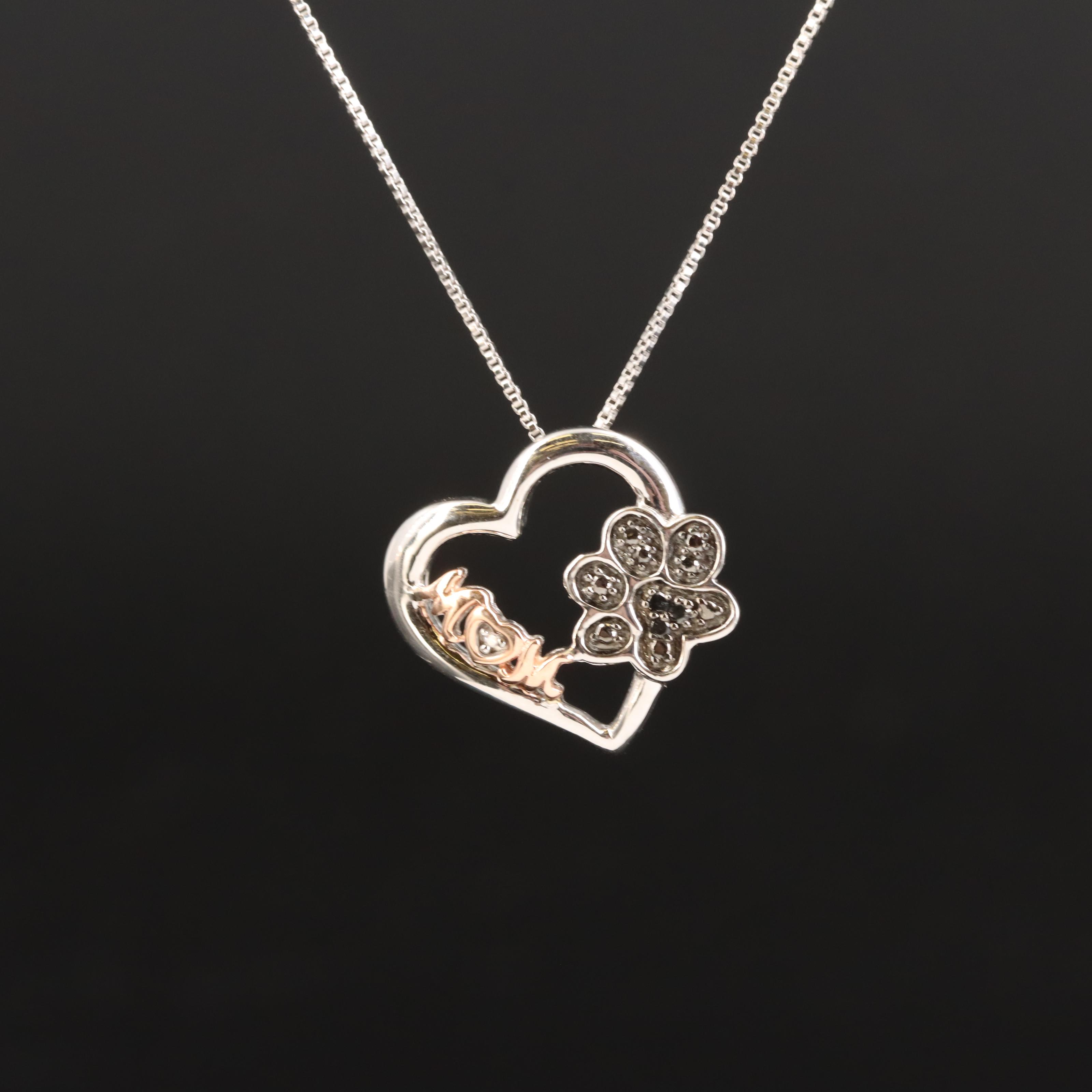 Sterling Sapphire Heart Pendant Necklace with 10K Rose Gold Mom Accent