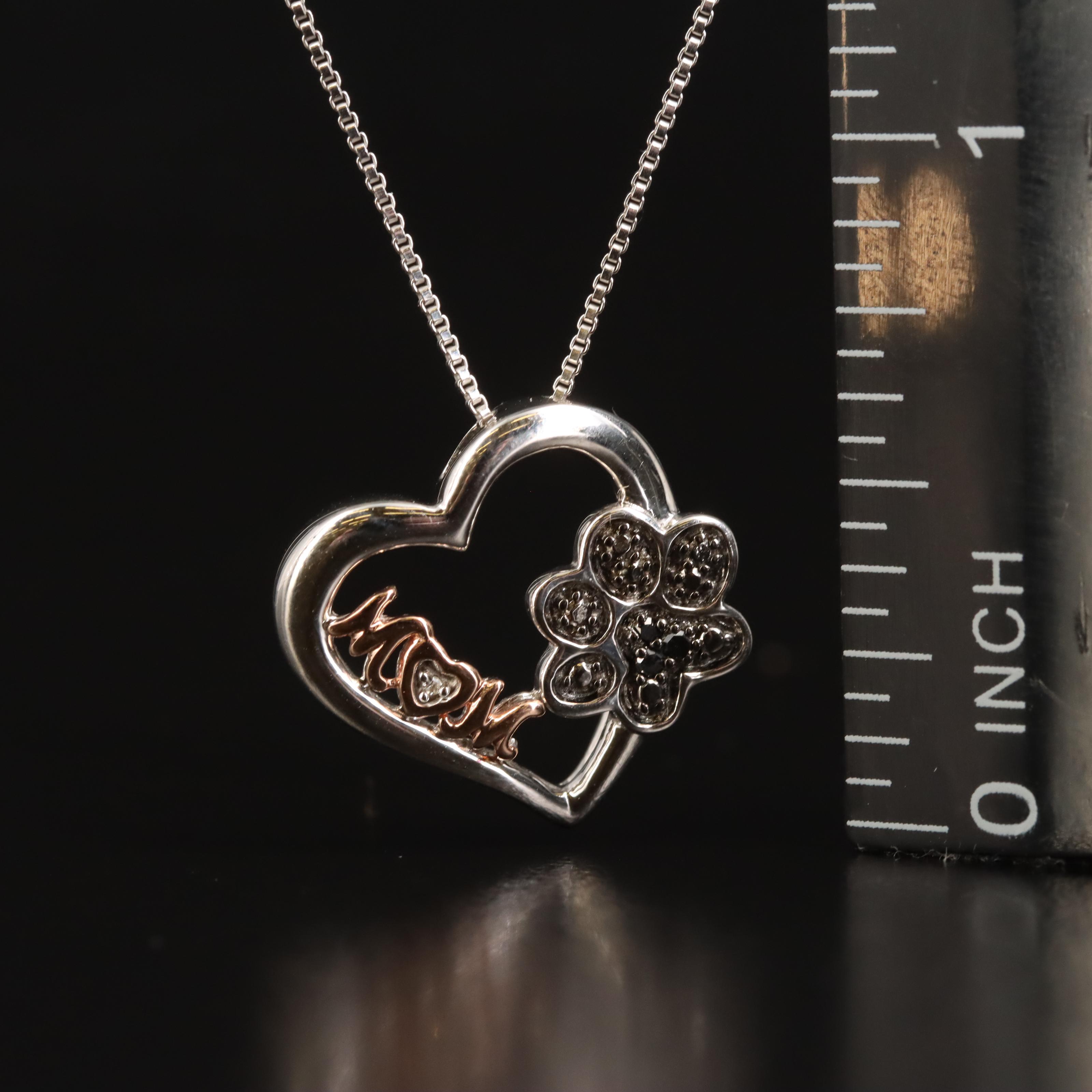 Sterling Diamond Heart Pendant Necklace with 10K Rose Gold Mom Accent