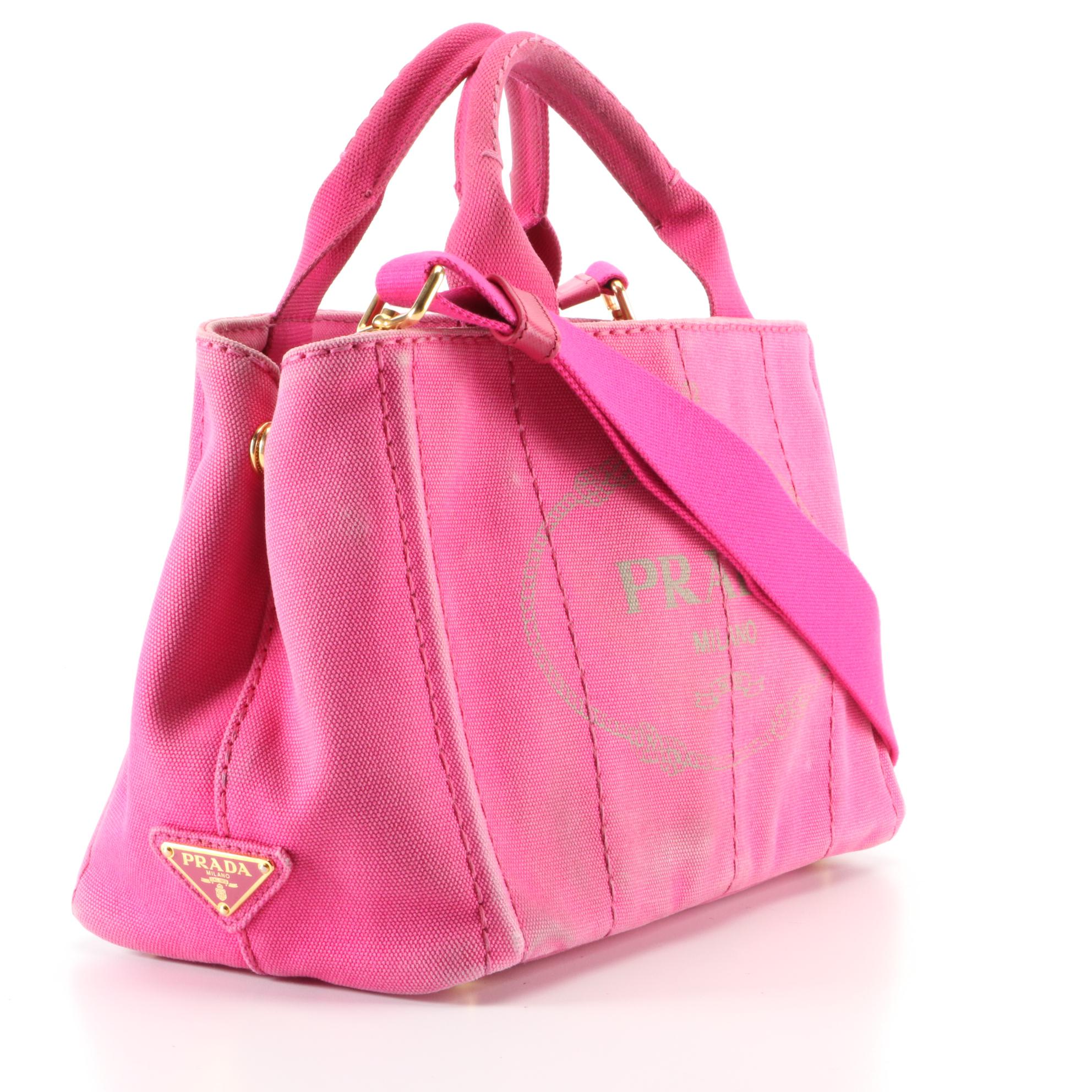 Prada Small Logo Tote in Fuchsia Canvas with Shoulder Strap