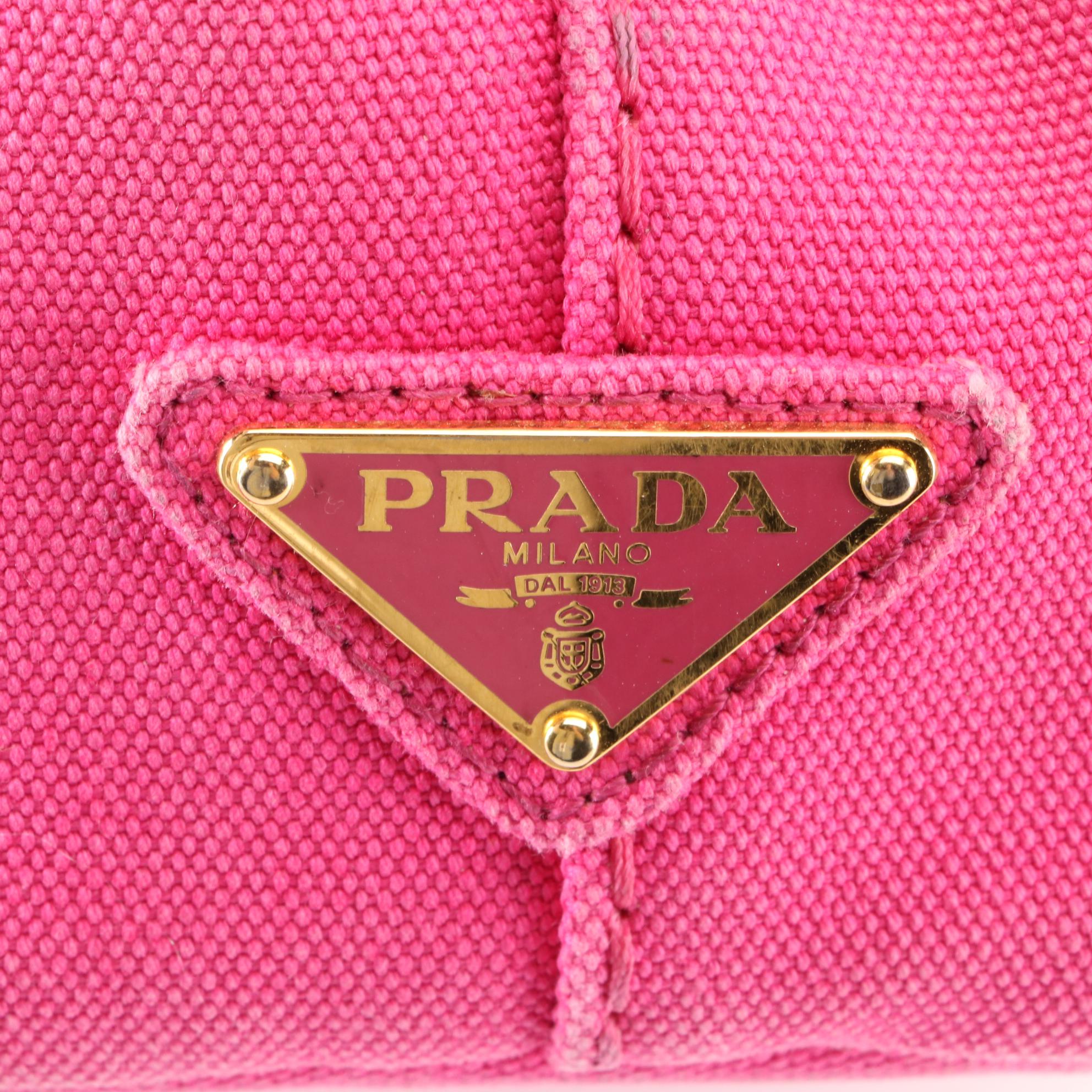 Prada Small Logo Tote in Fuchsia Canvas with Shoulder Strap