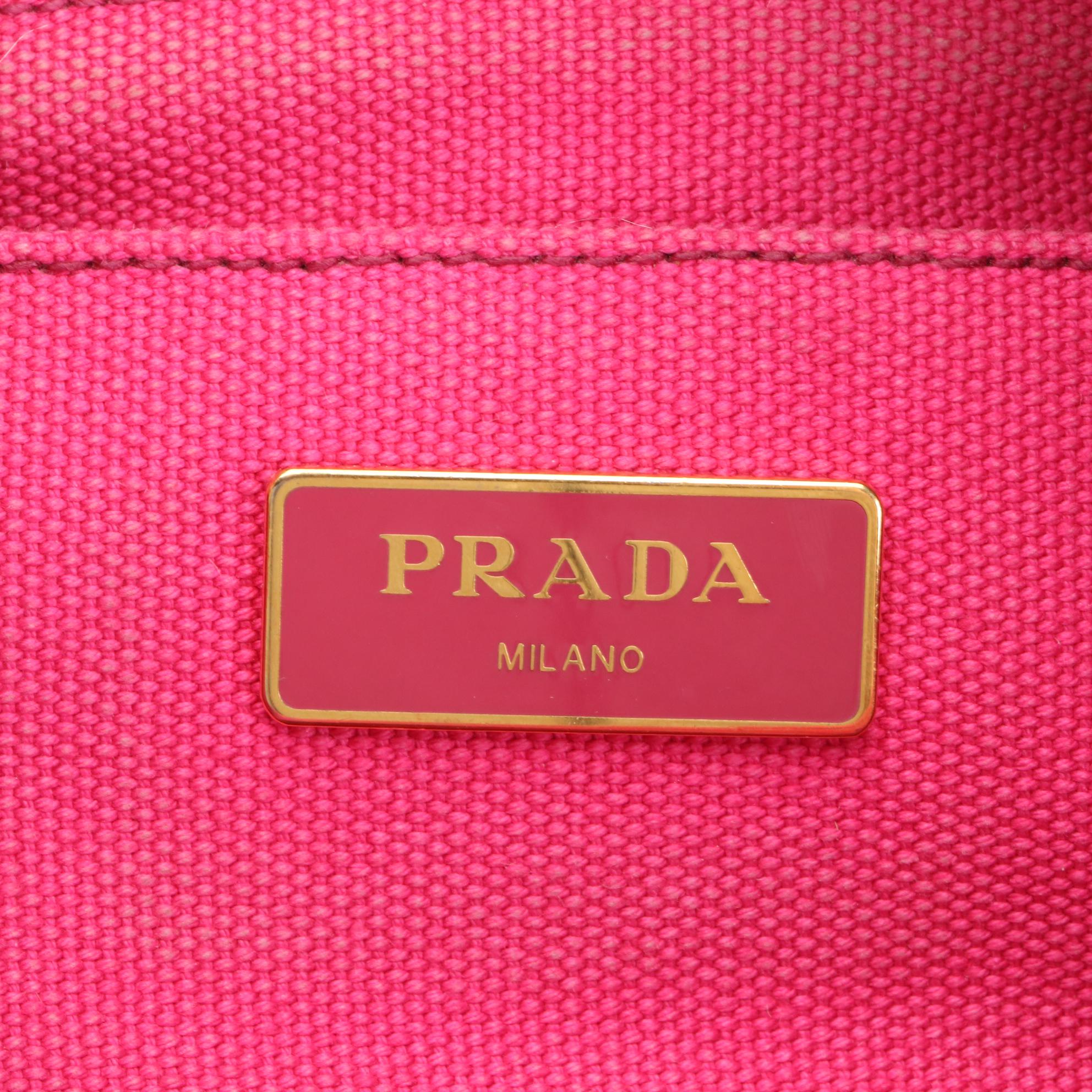 Prada Small Logo Tote in Fuchsia Canvas with Shoulder Strap