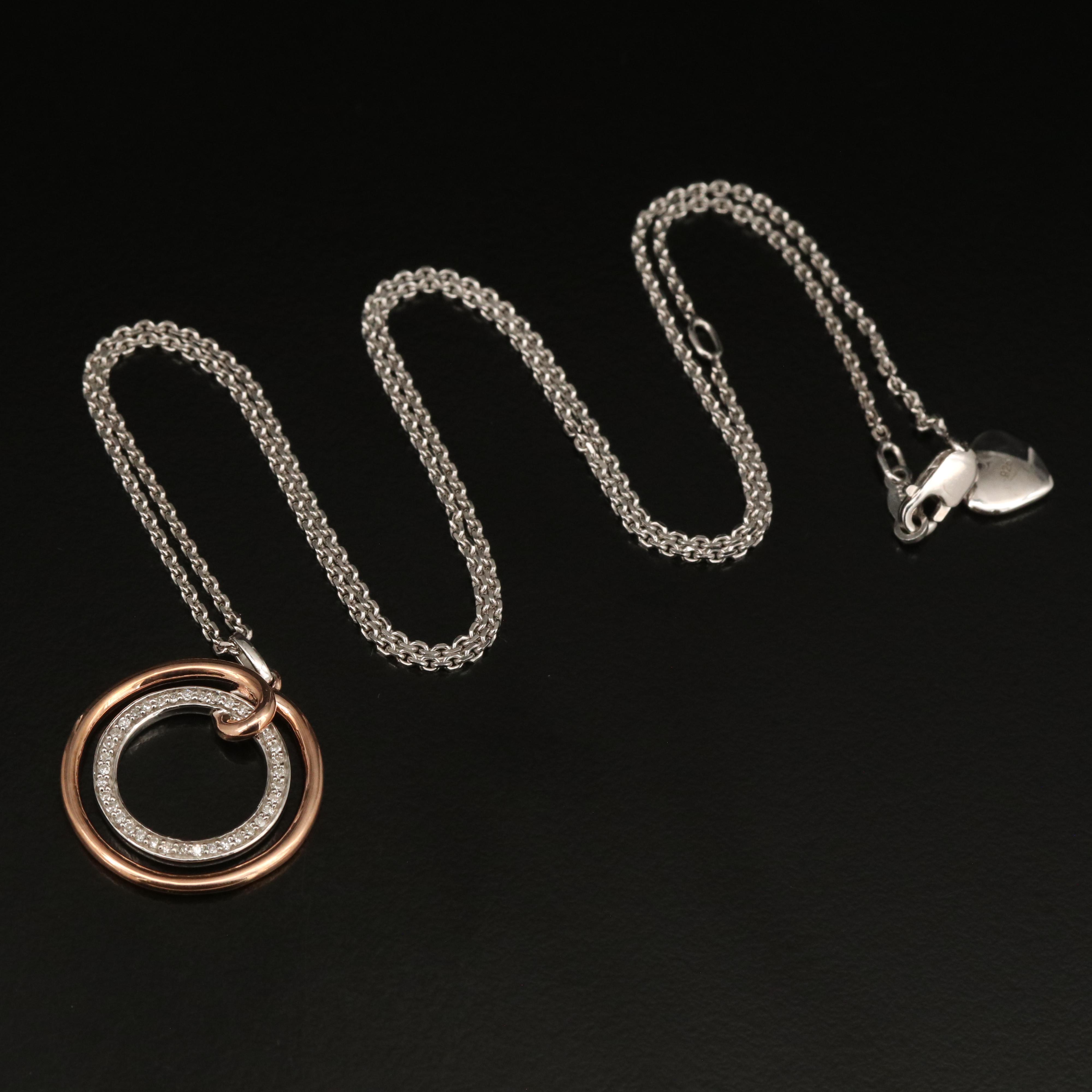 Sterling Diamond Circle Pendant Necklace with 10K Accent
