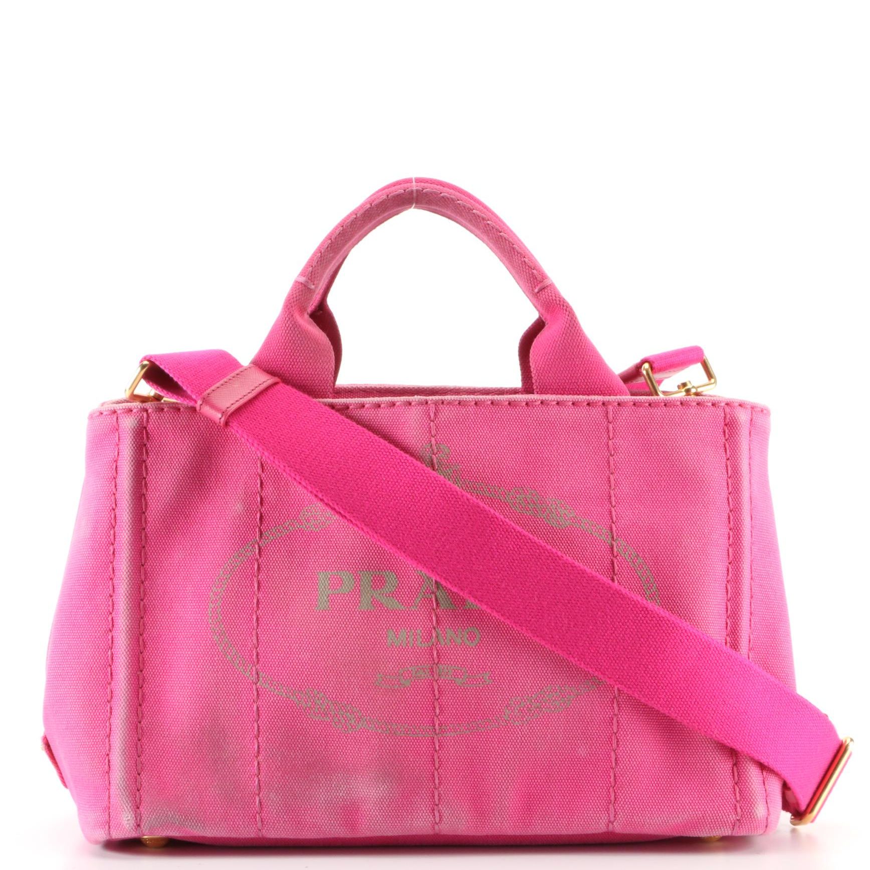 Prada Small Logo Tote in Fuchsia Canvas with Shoulder Strap