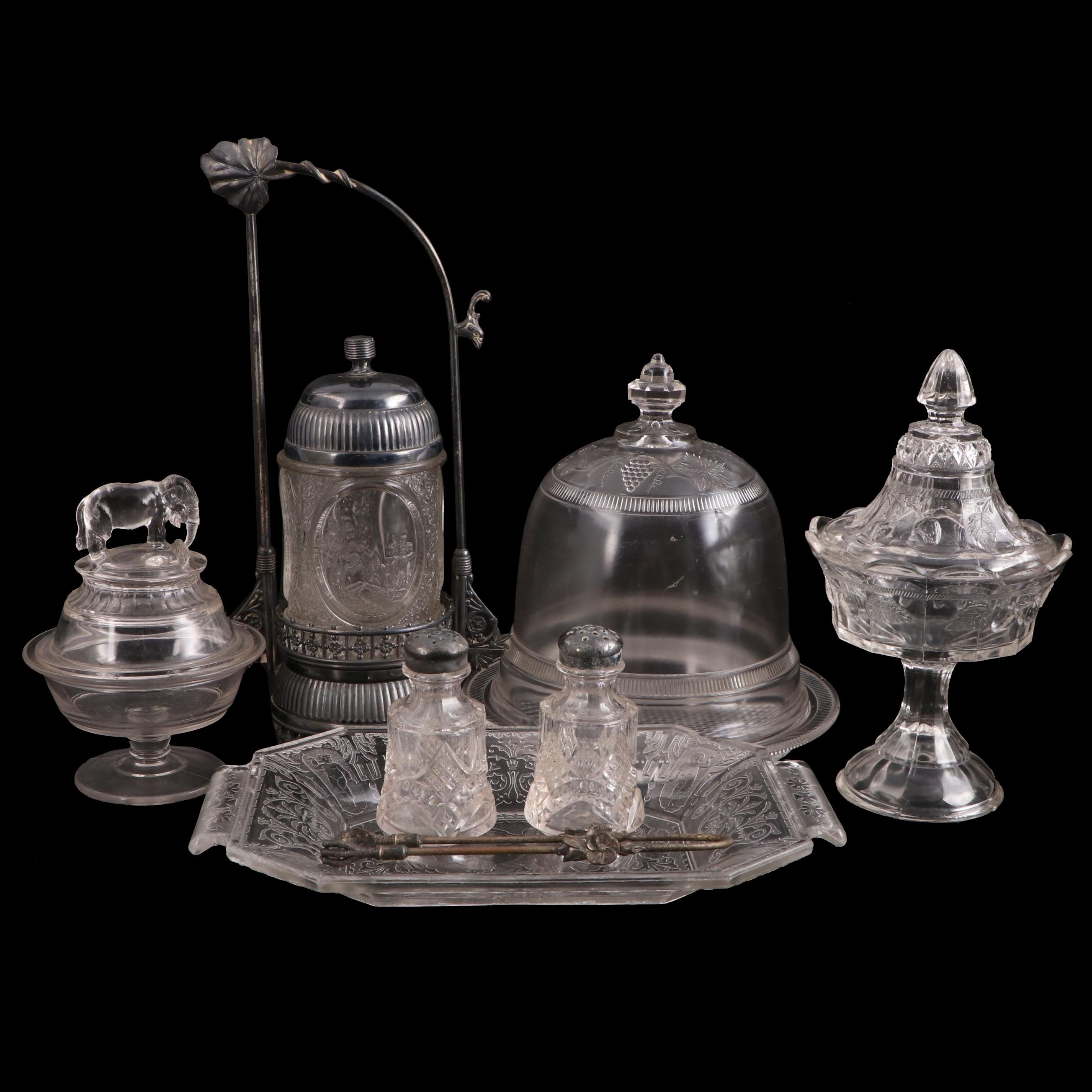 EAPG Crystalloid Cupid's Hunt Bread Plate with Jumbo Compote and Other Tableware