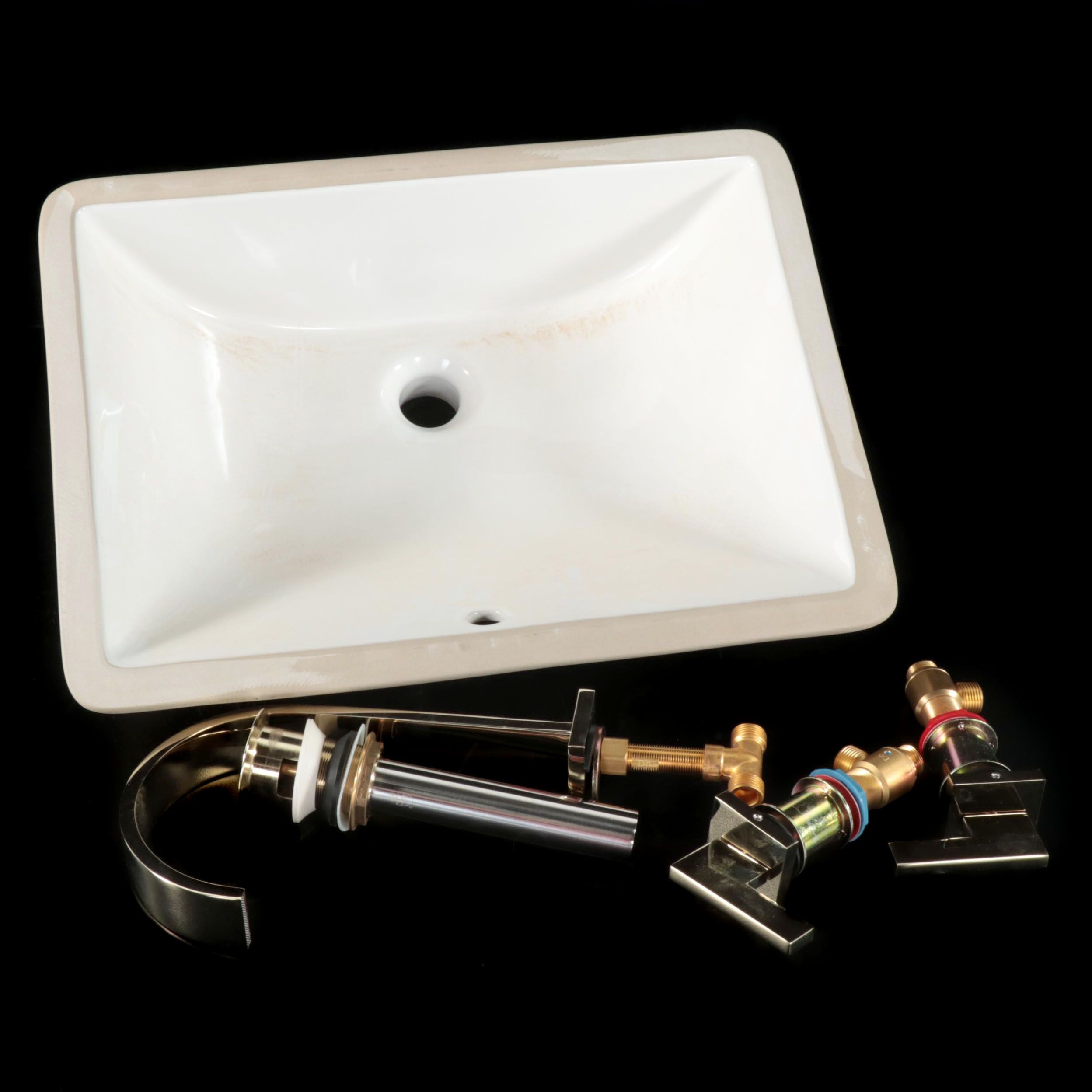Undermount Porcelain Sink with Polished Brass Finish Widespread Faucet