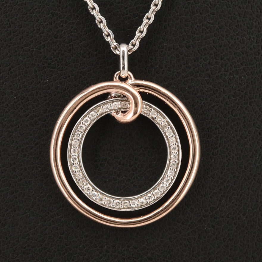 Sterling Diamond Concentric Circle Pendant Necklace with 10K Accent