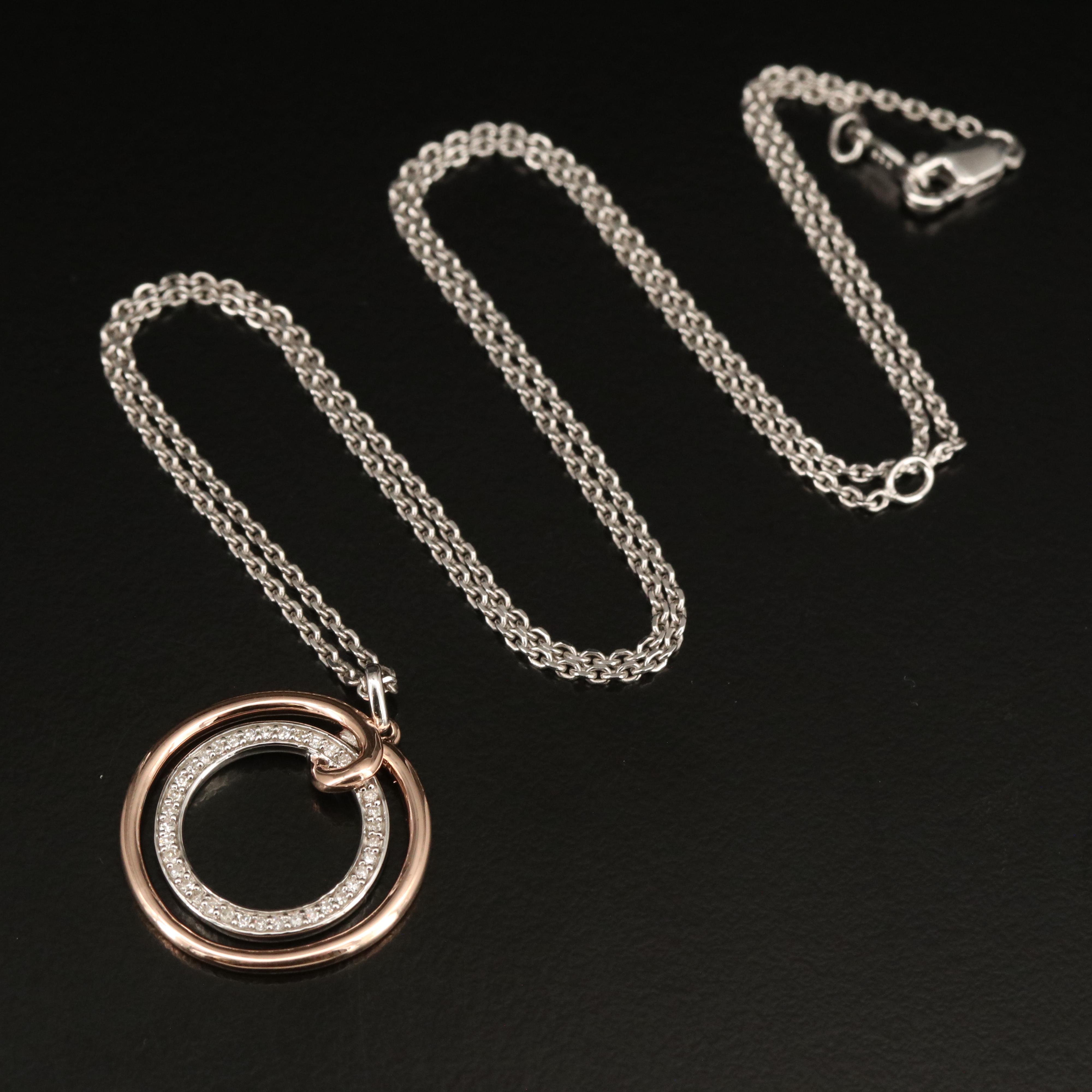 Sterling Diamond Concentric Circle Pendant Necklace with 10K Accent