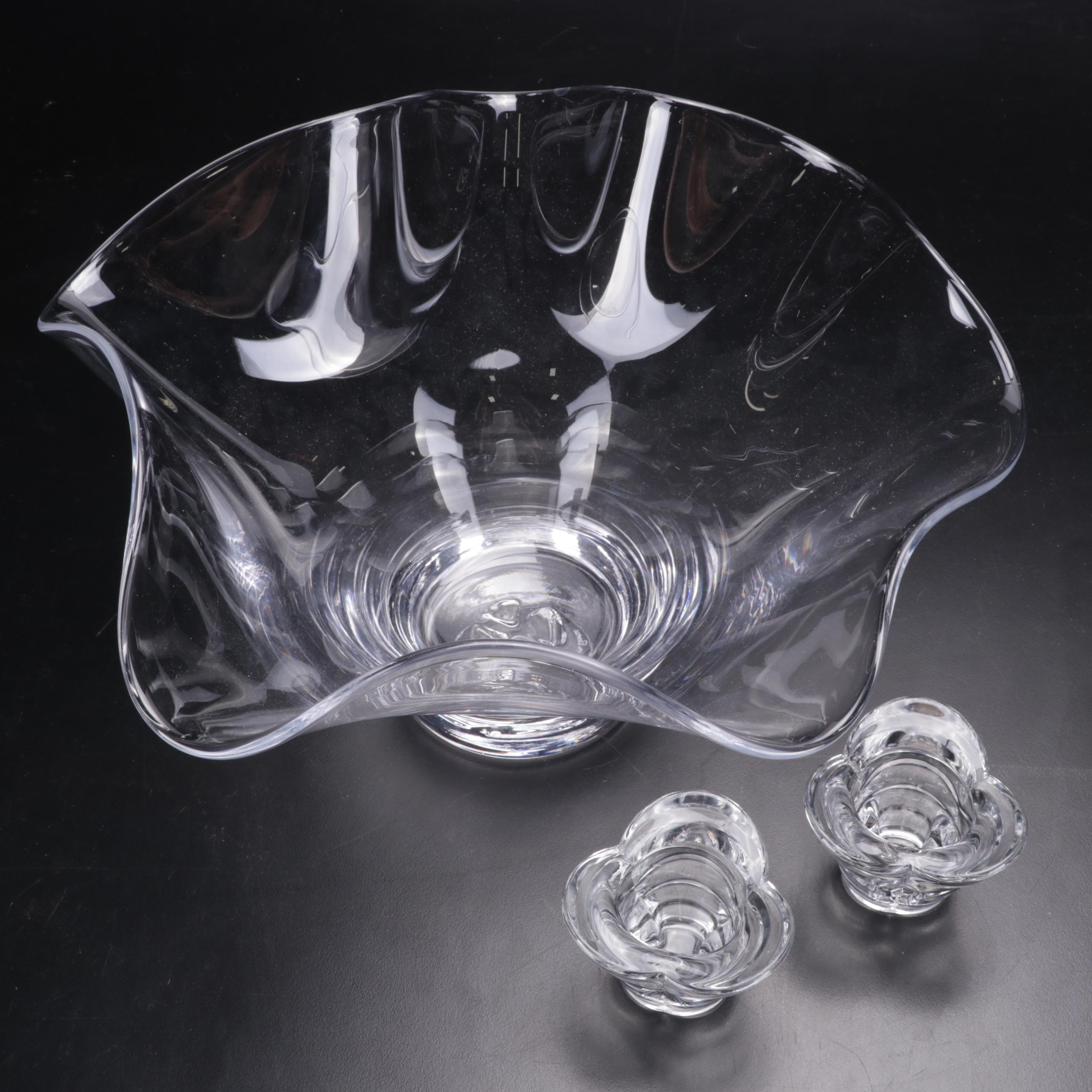 Simon Pearce "Chelsea" Blown Glass Centerpiece Bowl With Italian Votive Holders