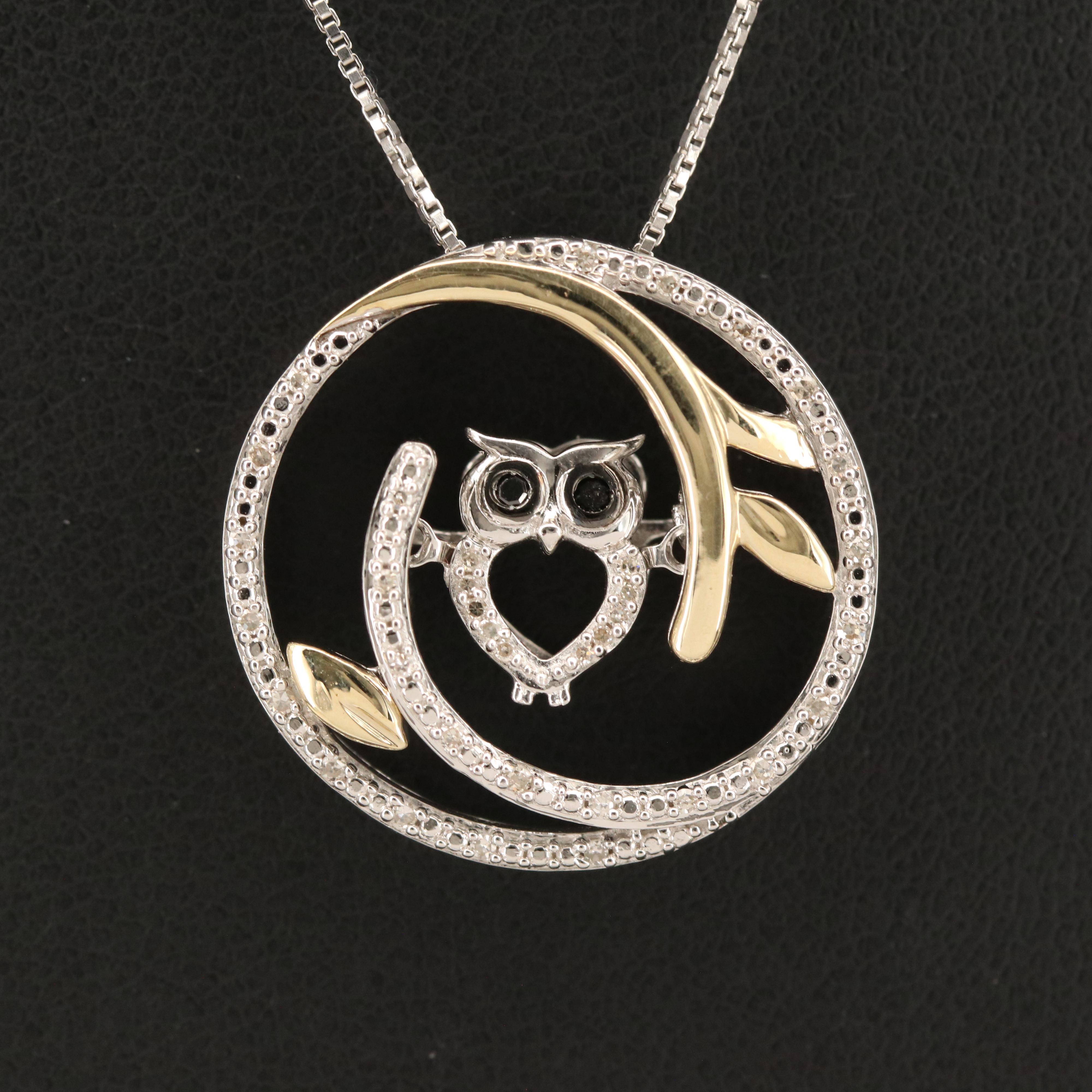 Sterling Diamond En Tremblant Owl Pendant Necklace with 10K Accent