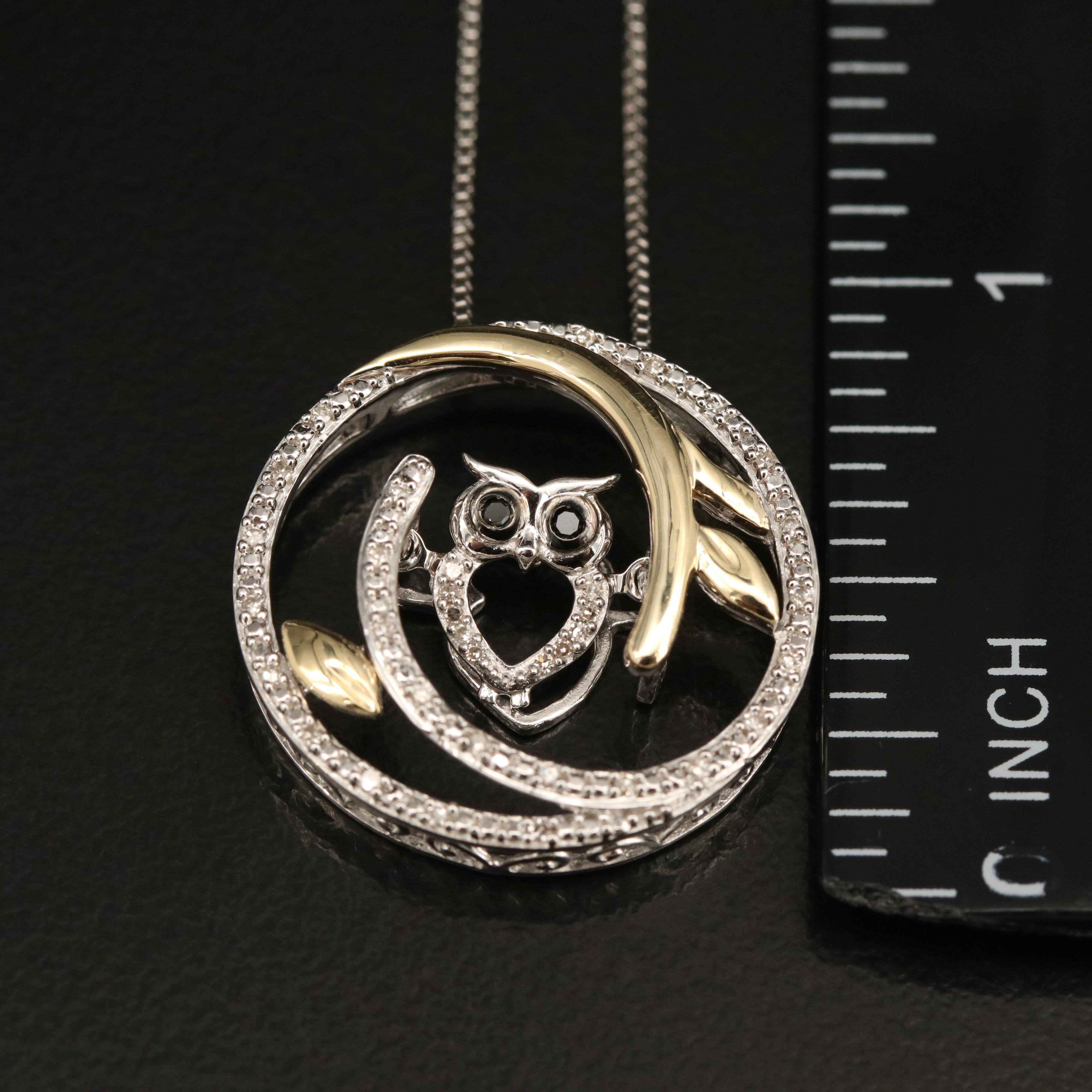 Sterling Diamond En Tremblant Owl Pendant Necklace with 10K Accent