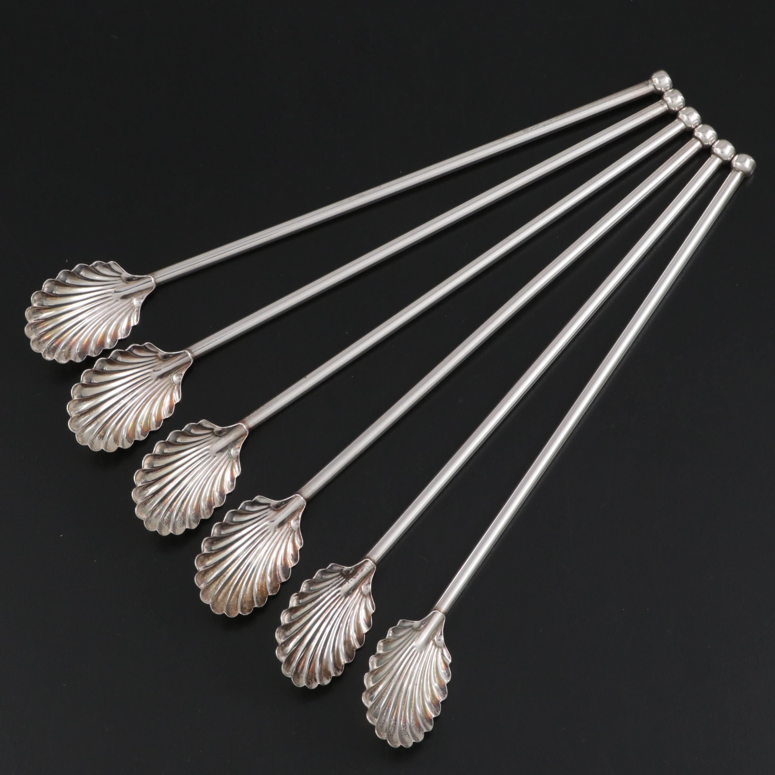 Set of Sterling Silver Shell Motif Iced Tea Straw Spoons