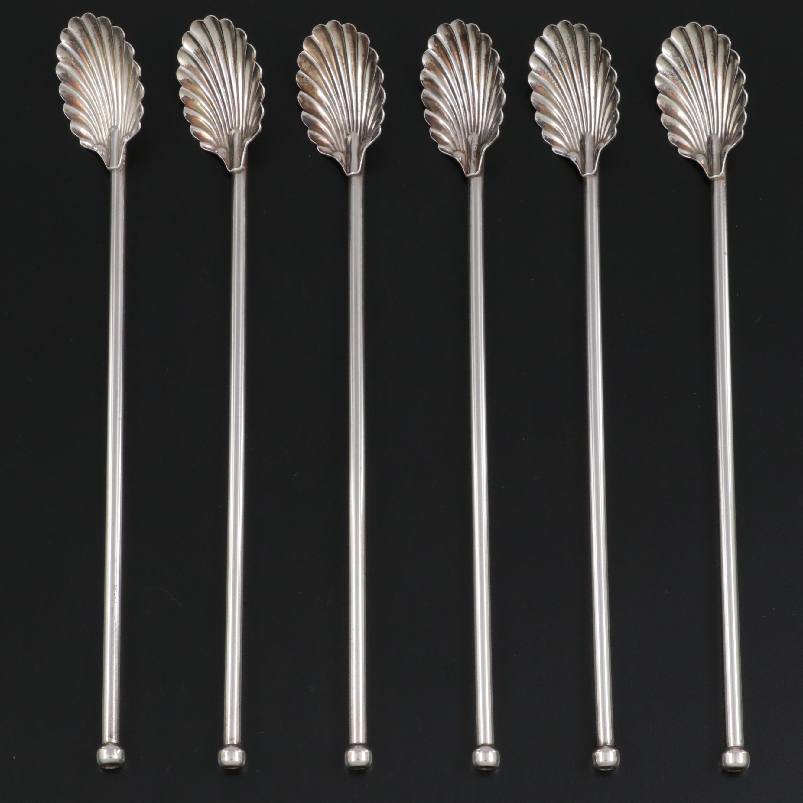 Set of Sterling Silver Shell Motif Iced Tea Straw Spoons