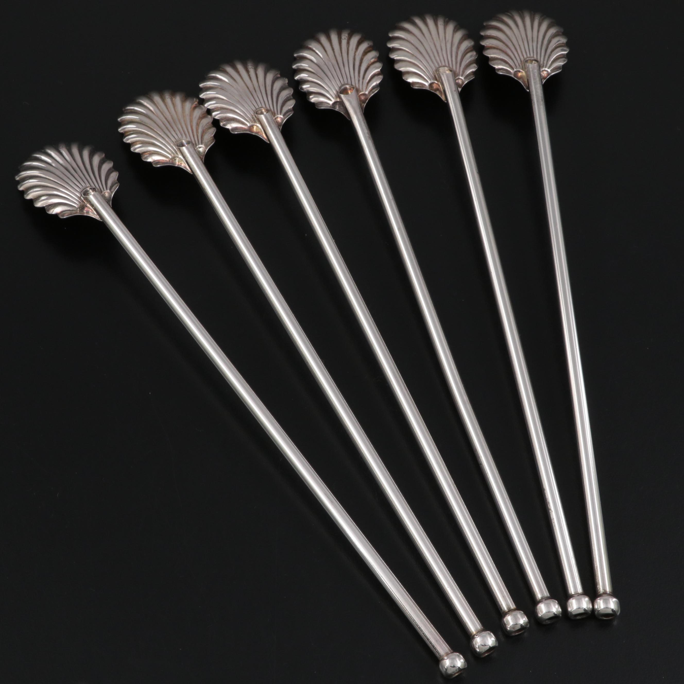Set of Sterling Silver Shell Motif Iced Tea Straw Spoons