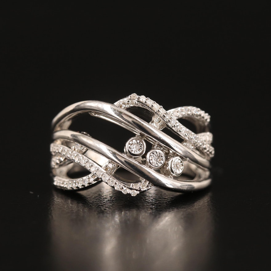 Three Slider Diamond Crossover Ring in Sterling with Diamond Accents