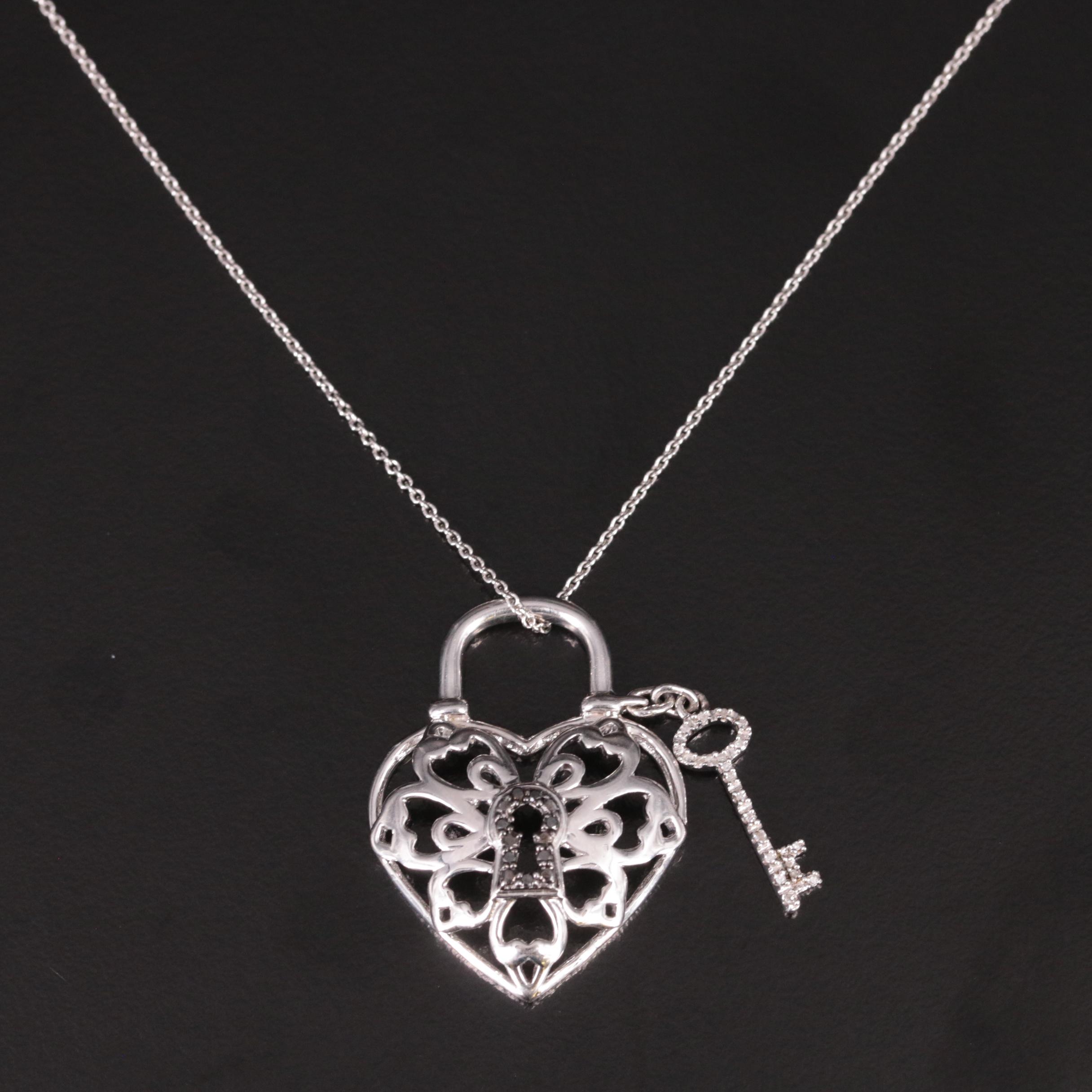 Sterling Diamond Heart Lock Pendant with Key