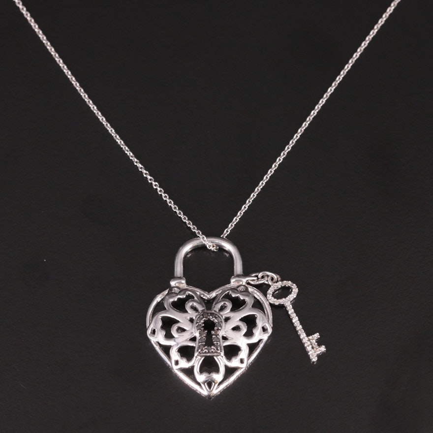 Sterling Diamond Heart Lock Pendant with Key