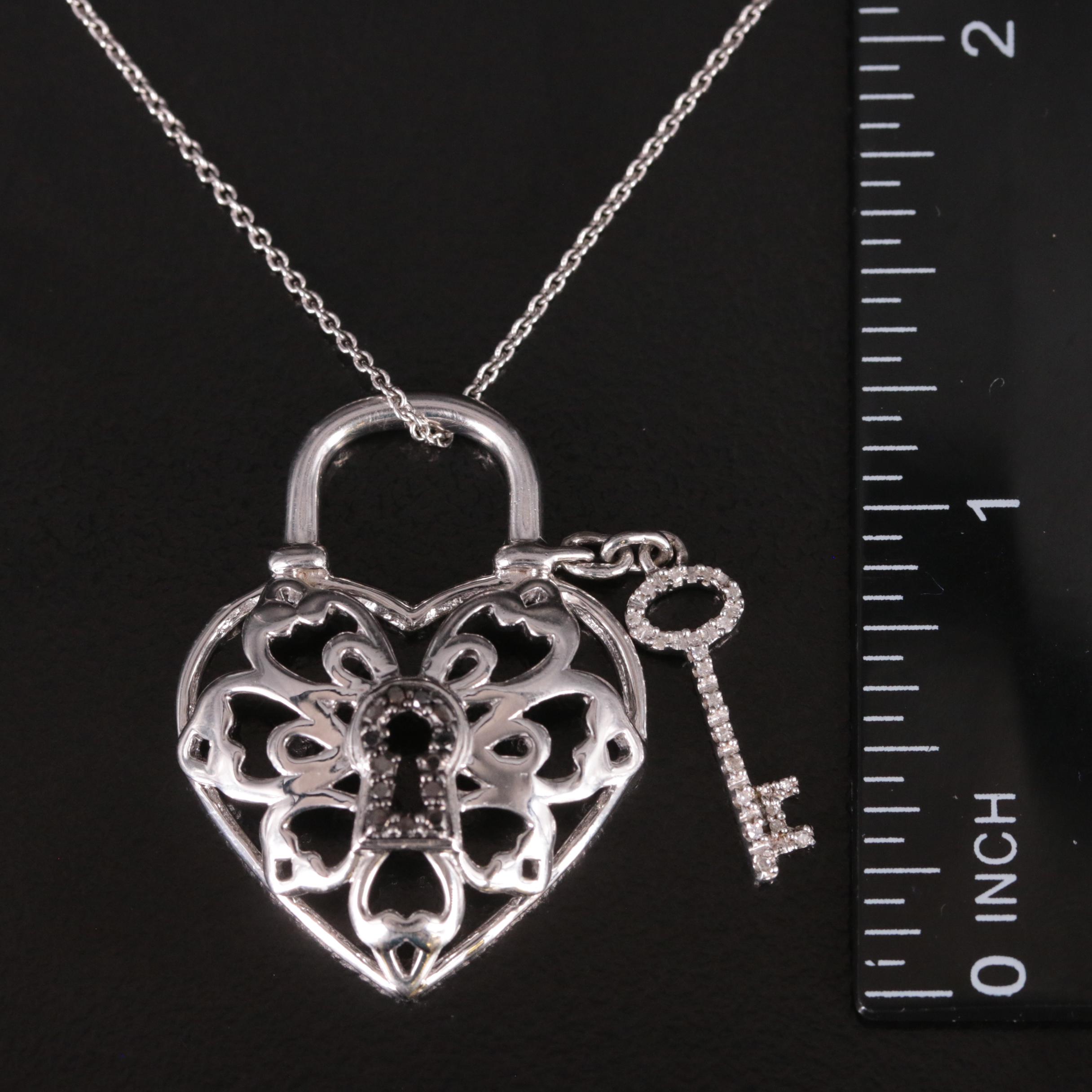 Sterling Diamond Heart Lock Pendant with Key