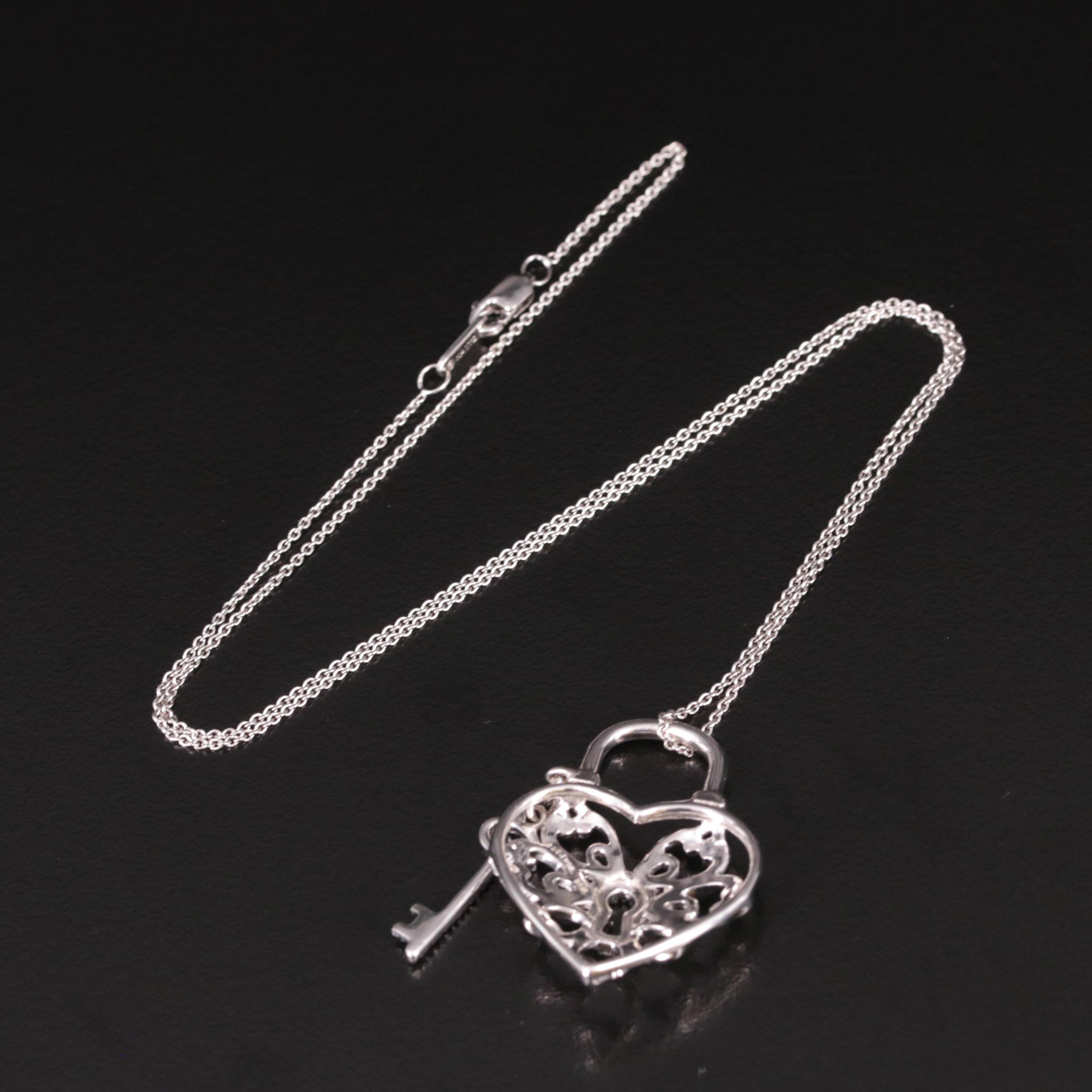 Sterling Diamond Heart Lock Pendant with Key