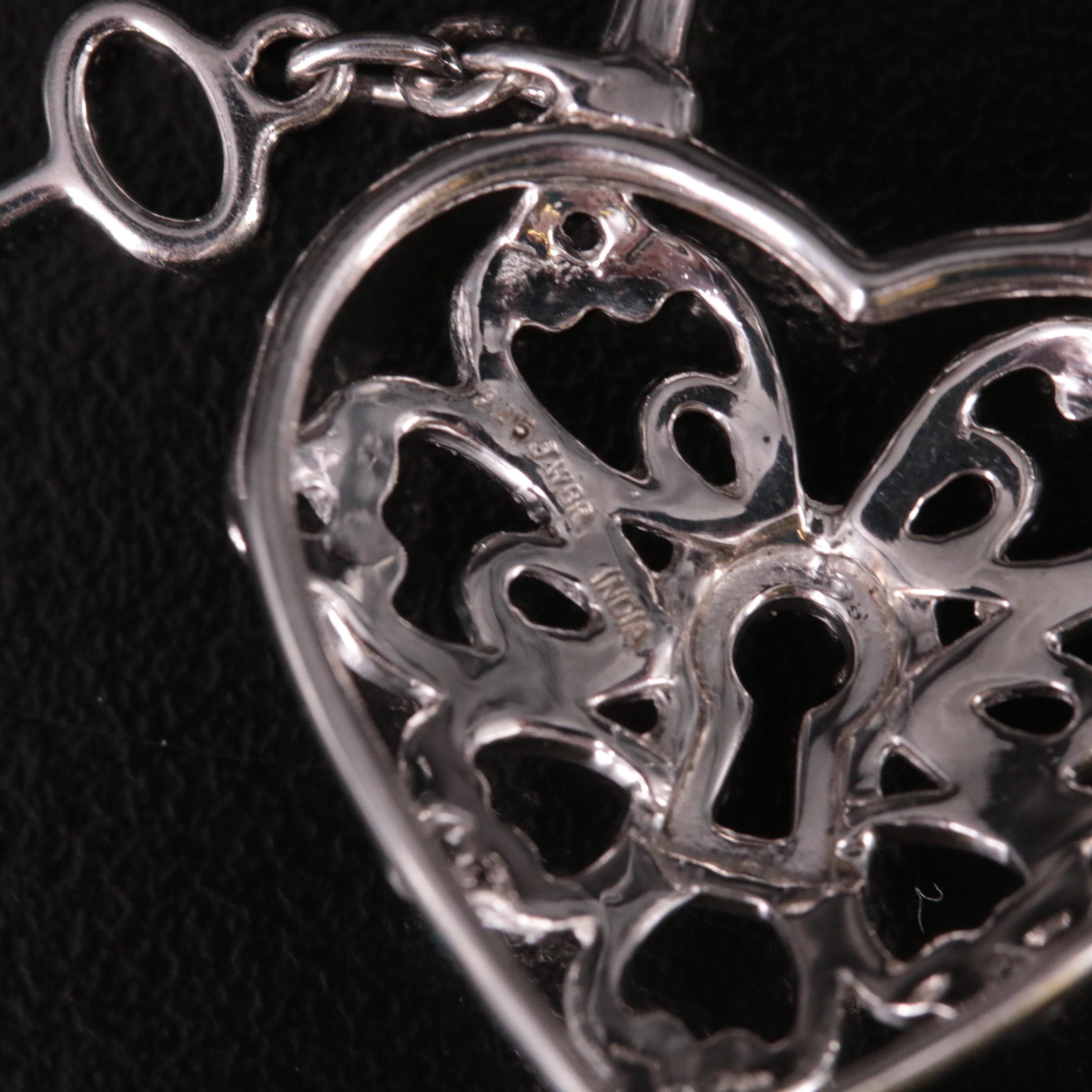 Sterling Diamond Heart Lock Pendant with Key
