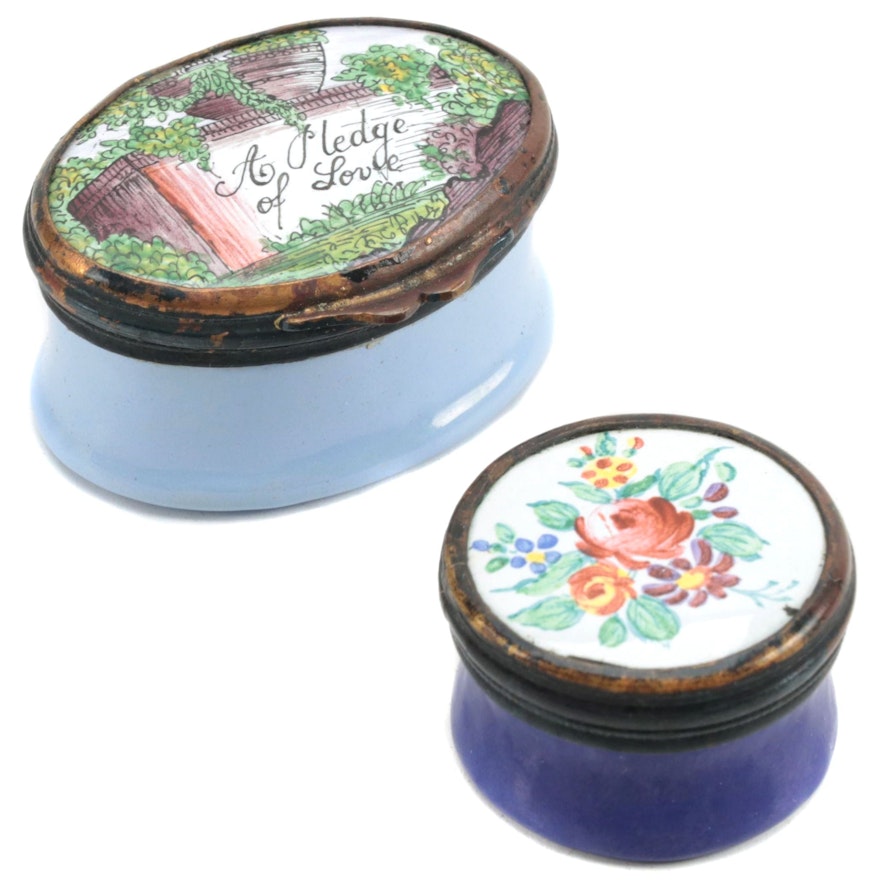 British Hand Decorated Enameled Porcelain Patch Boxes, 19th Century