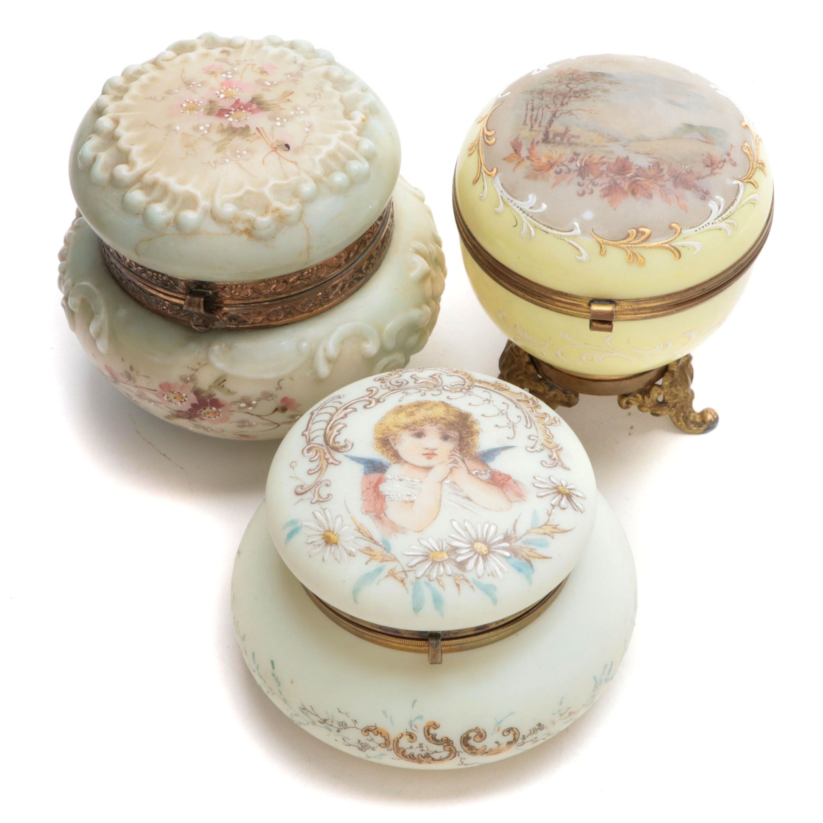 Wavecrest C.F. Monroe and Other Victorian Style Satin Glass Vanity Trinket Boxes