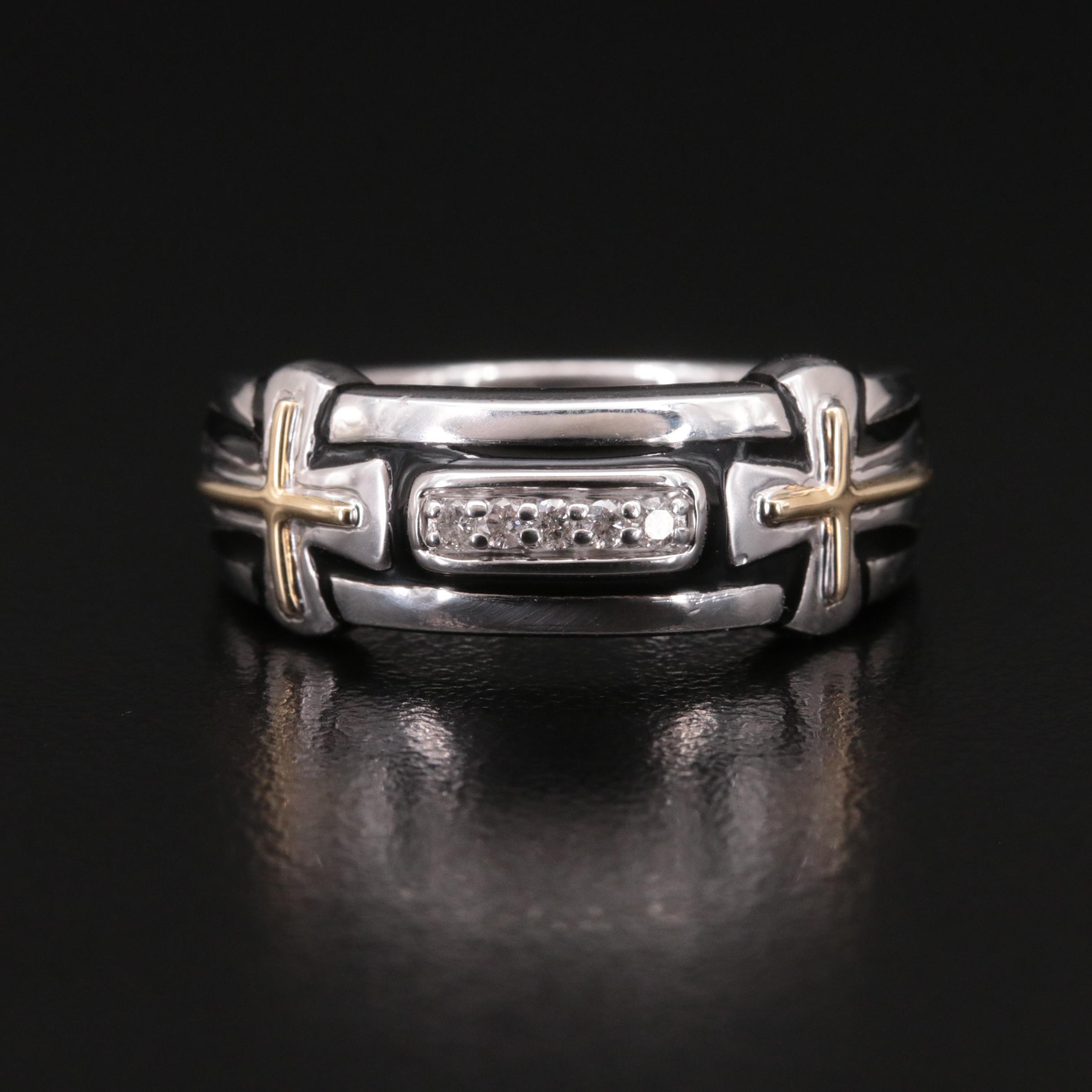 Sterling Diamond and Enamel Cross Ring with 14K Accents