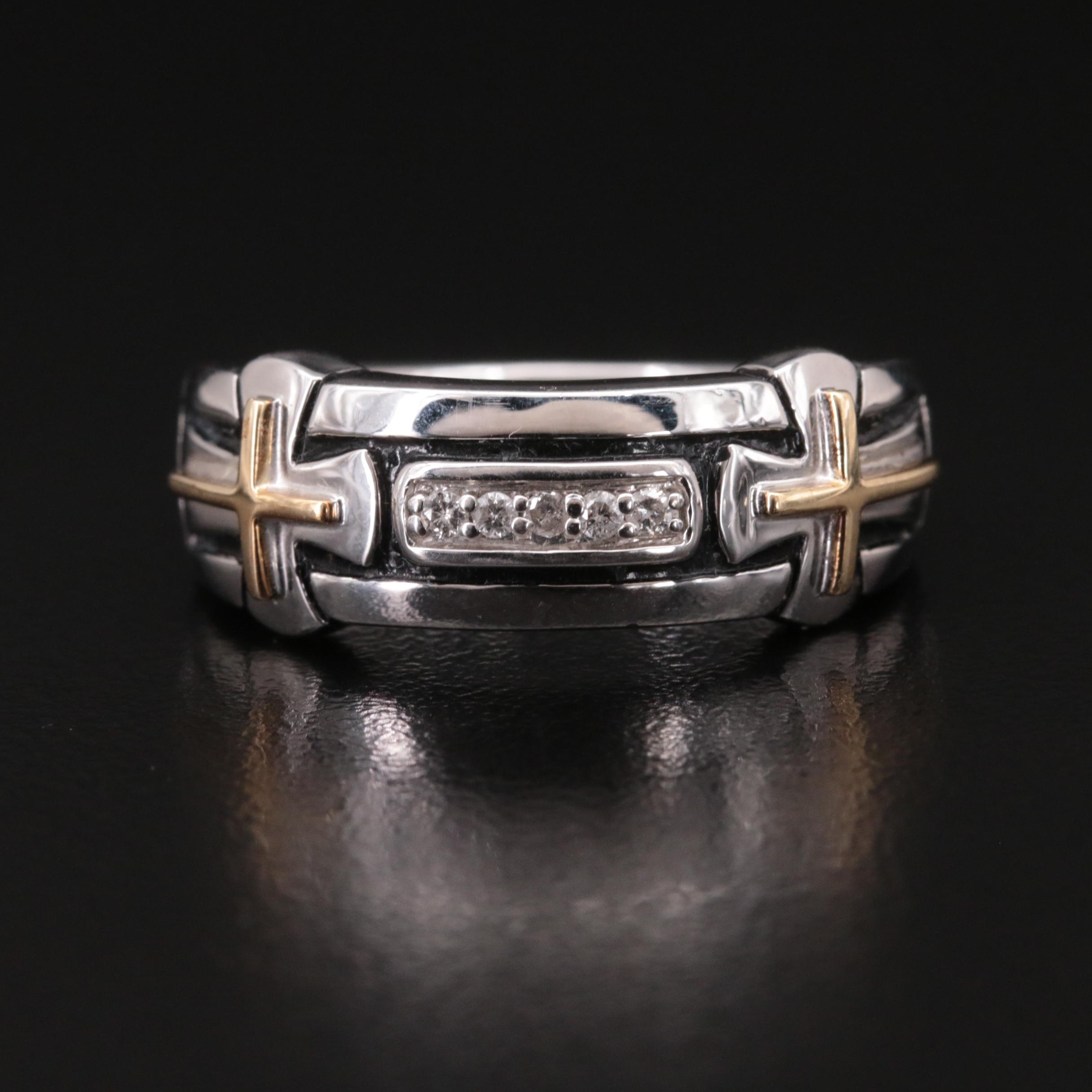 Sterling Diamond and Enamel Cross Ring with 14K Accents