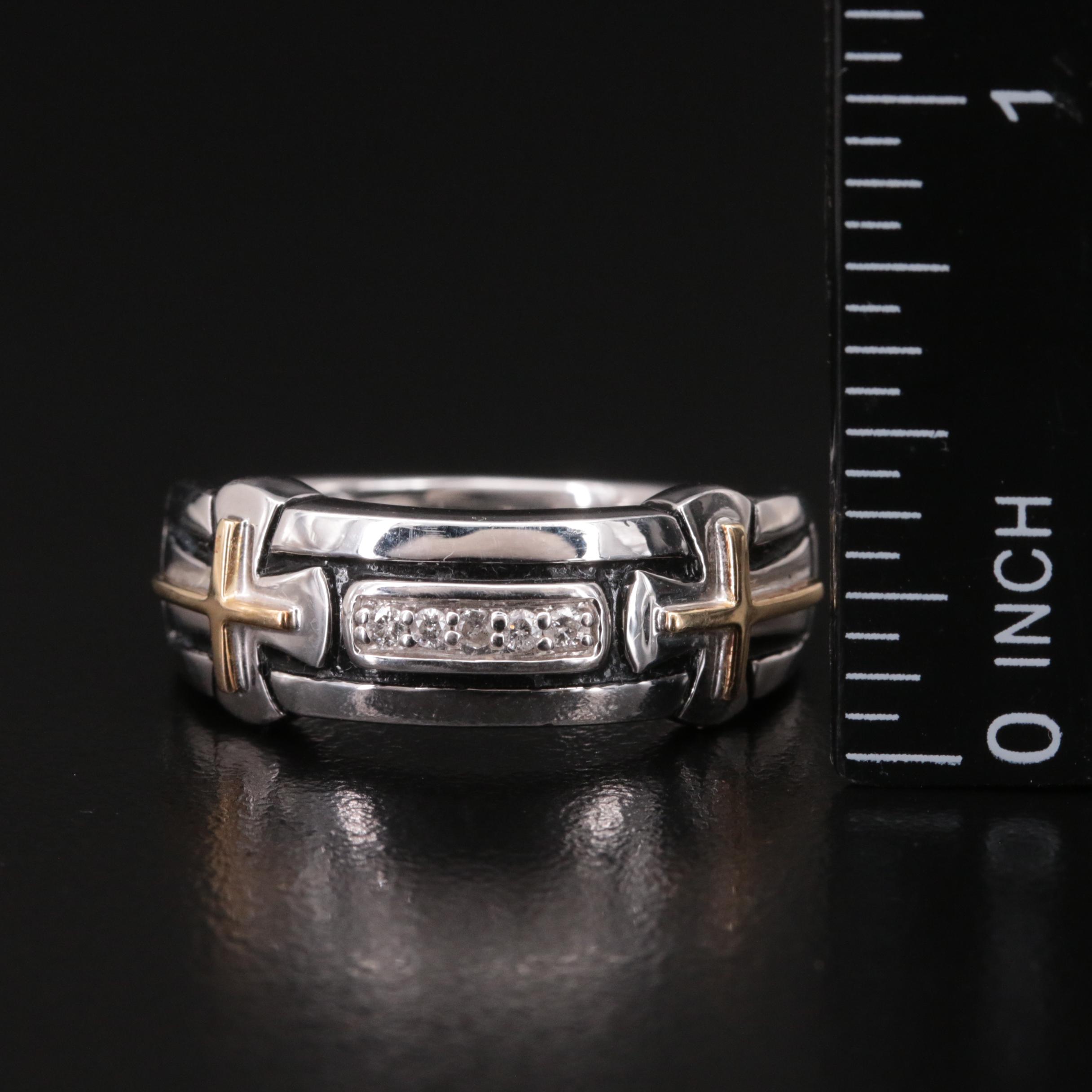Sterling Diamond and Enamel Cross Ring with 14K Accents