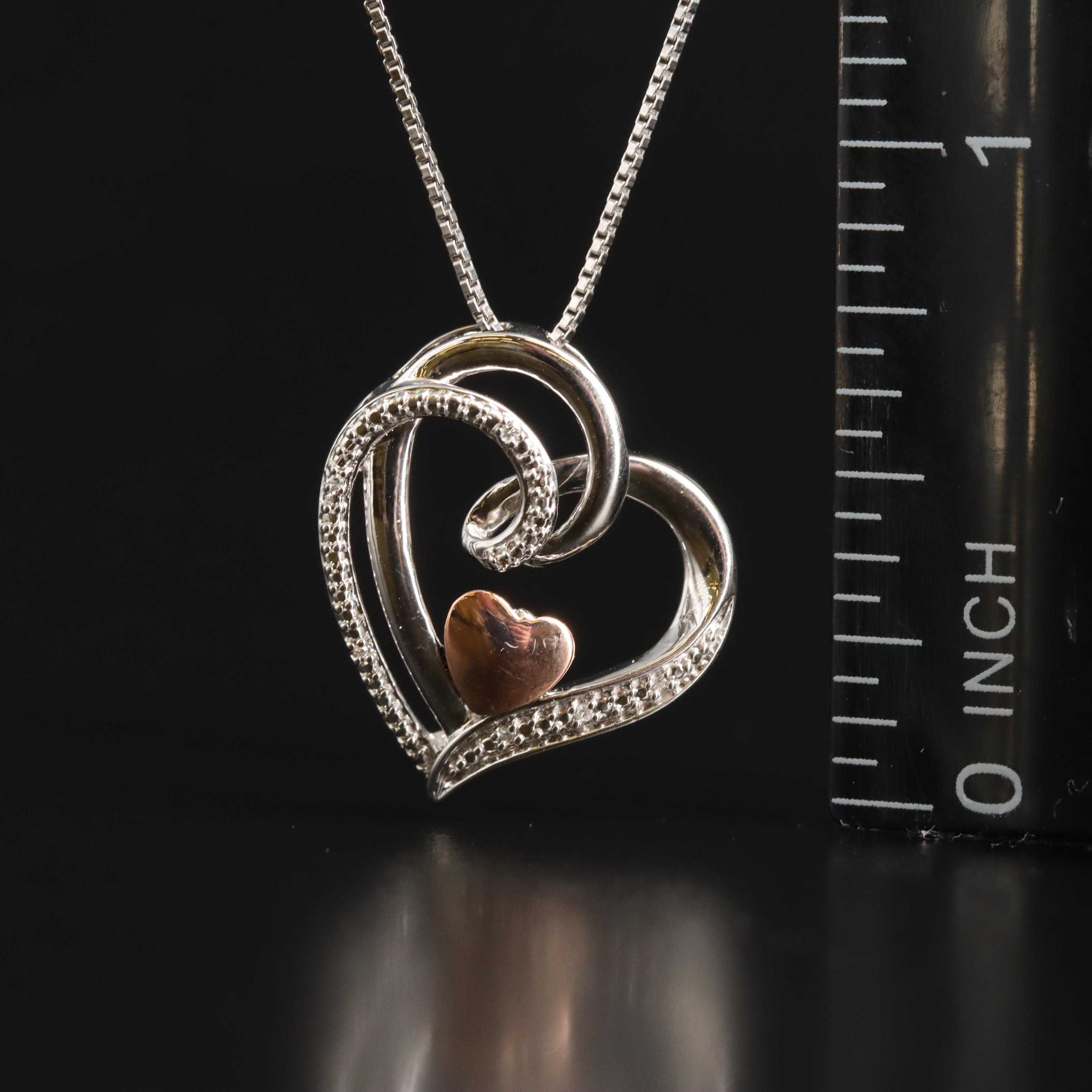 Sterling Diamond Heart Pendant Necklace with 10K Rose Gold Accent