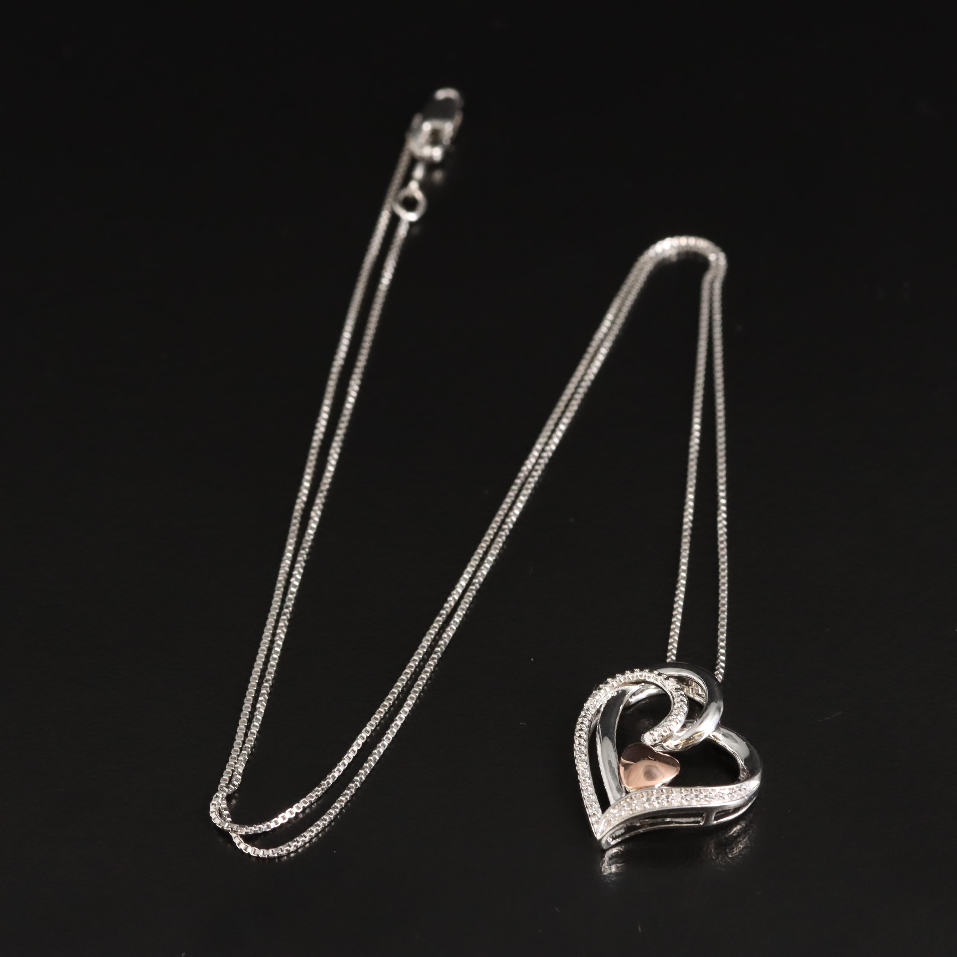 Sterling Diamond Heart Pendant Necklace with 10K Rose Gold Accent