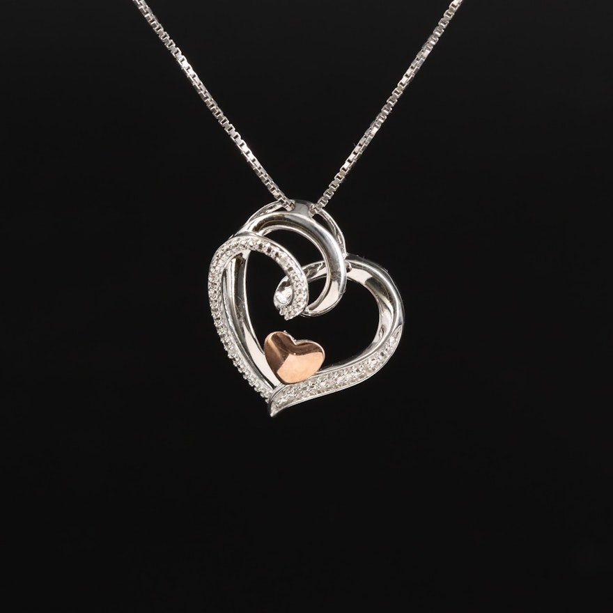 Sterling Diamond Heart Pendant Necklace with 10K Rose Gold Accent