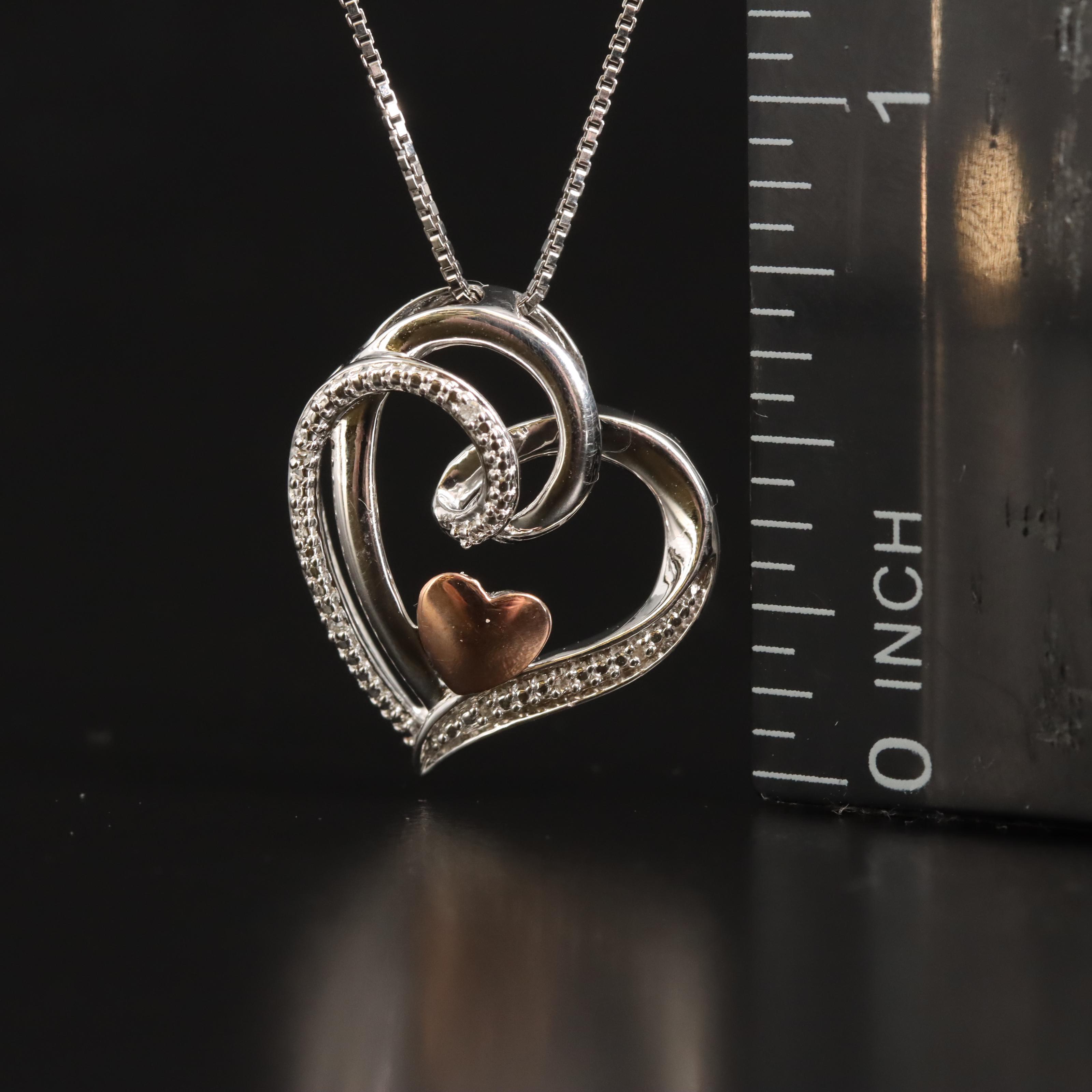 Sterling Diamond Heart Pendant Necklace with 10K Rose Gold Accent