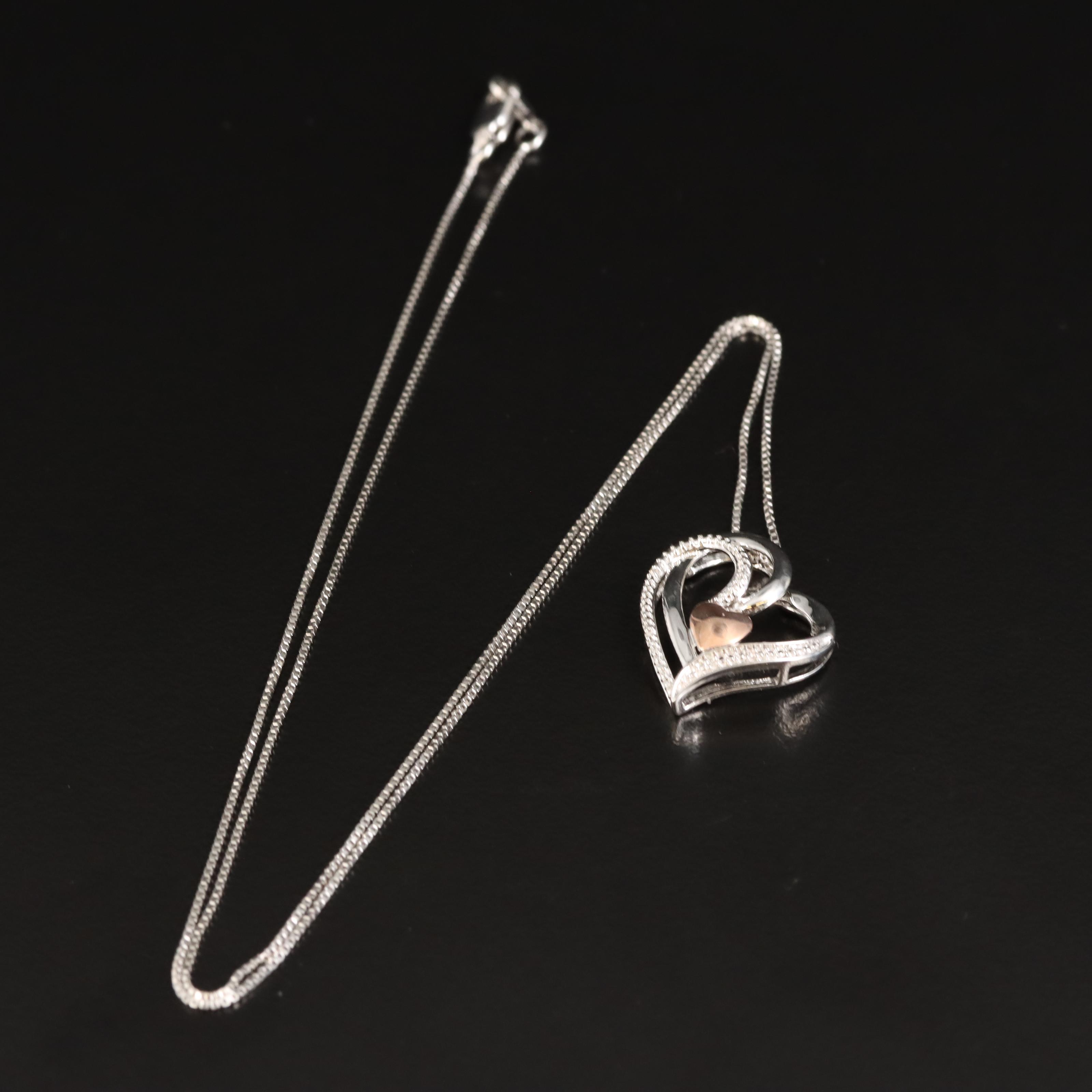 Sterling Diamond Heart Pendant Necklace with 10K Rose Gold Accent