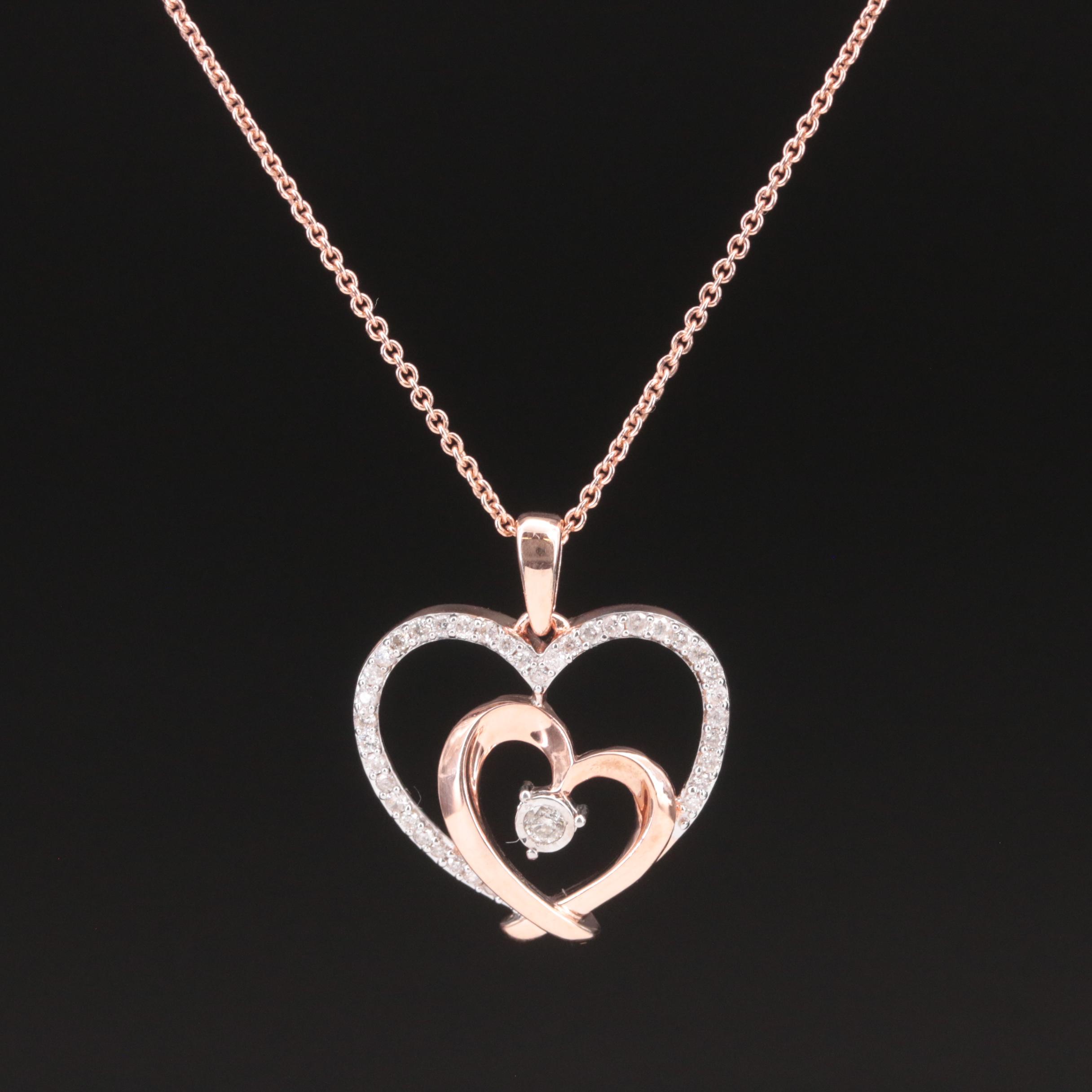 Sterling Diamond Double Heart Pendant Necklace