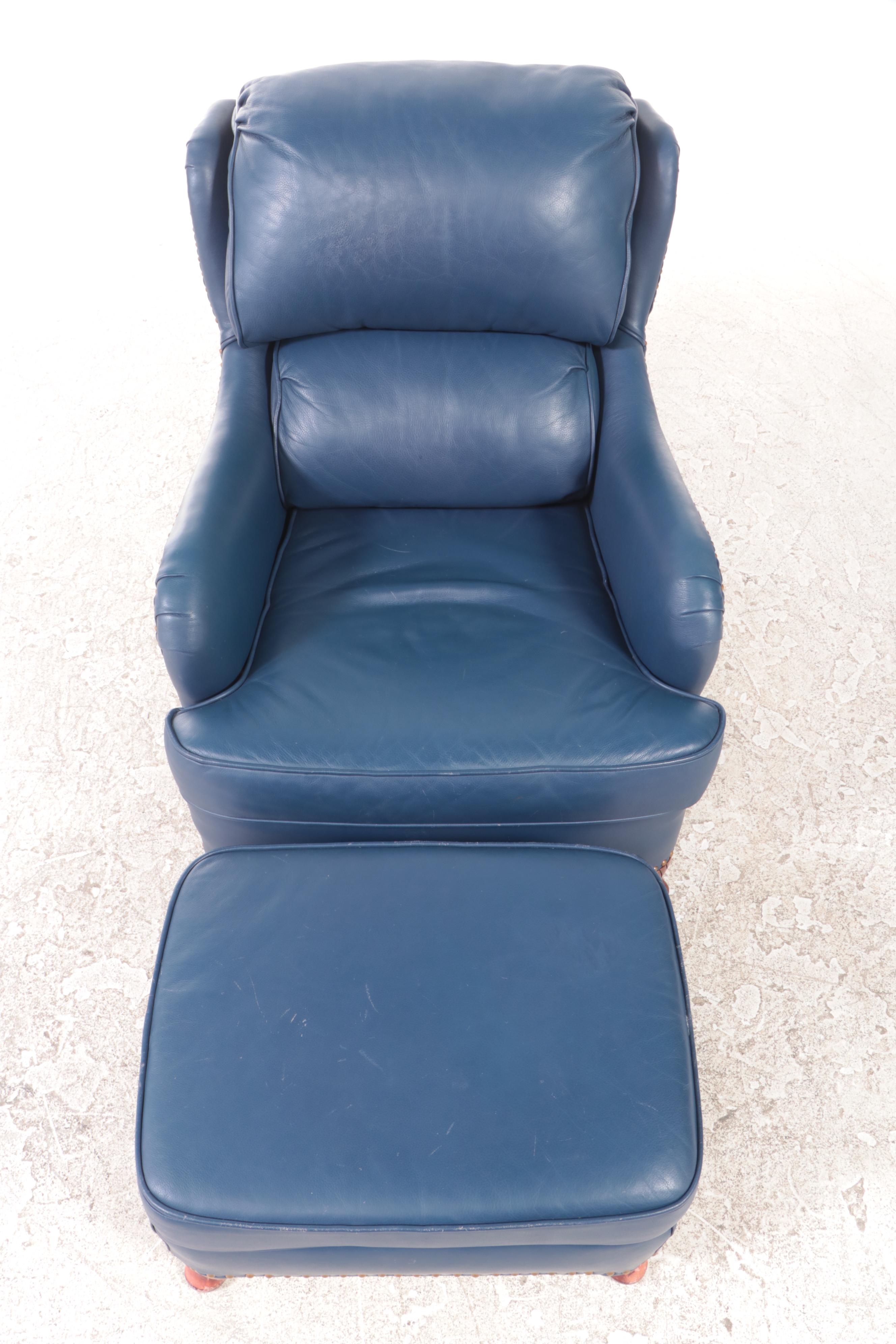 Distinction Leather Inc. Queen Anne Style Blue Leather Easy Armchair and Ottoman