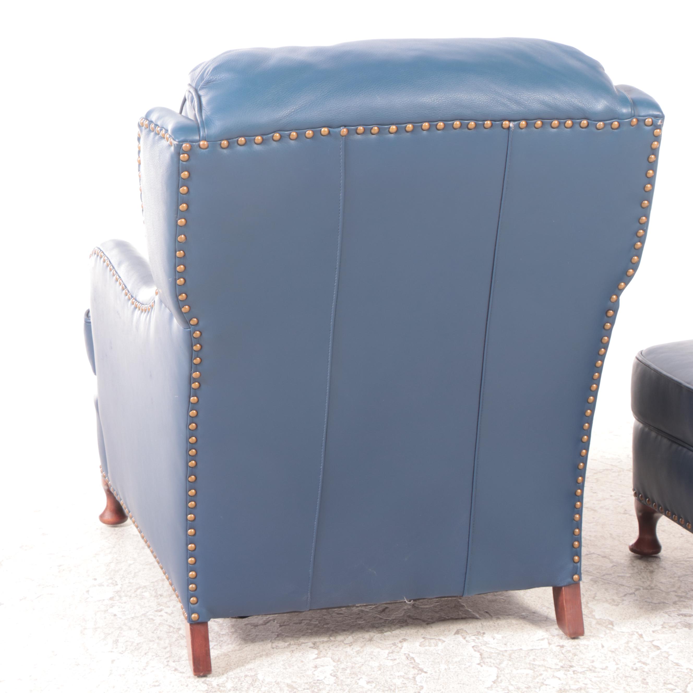 Distinction Leather Inc. Queen Anne Style Blue Leather Easy Armchair and Ottoman