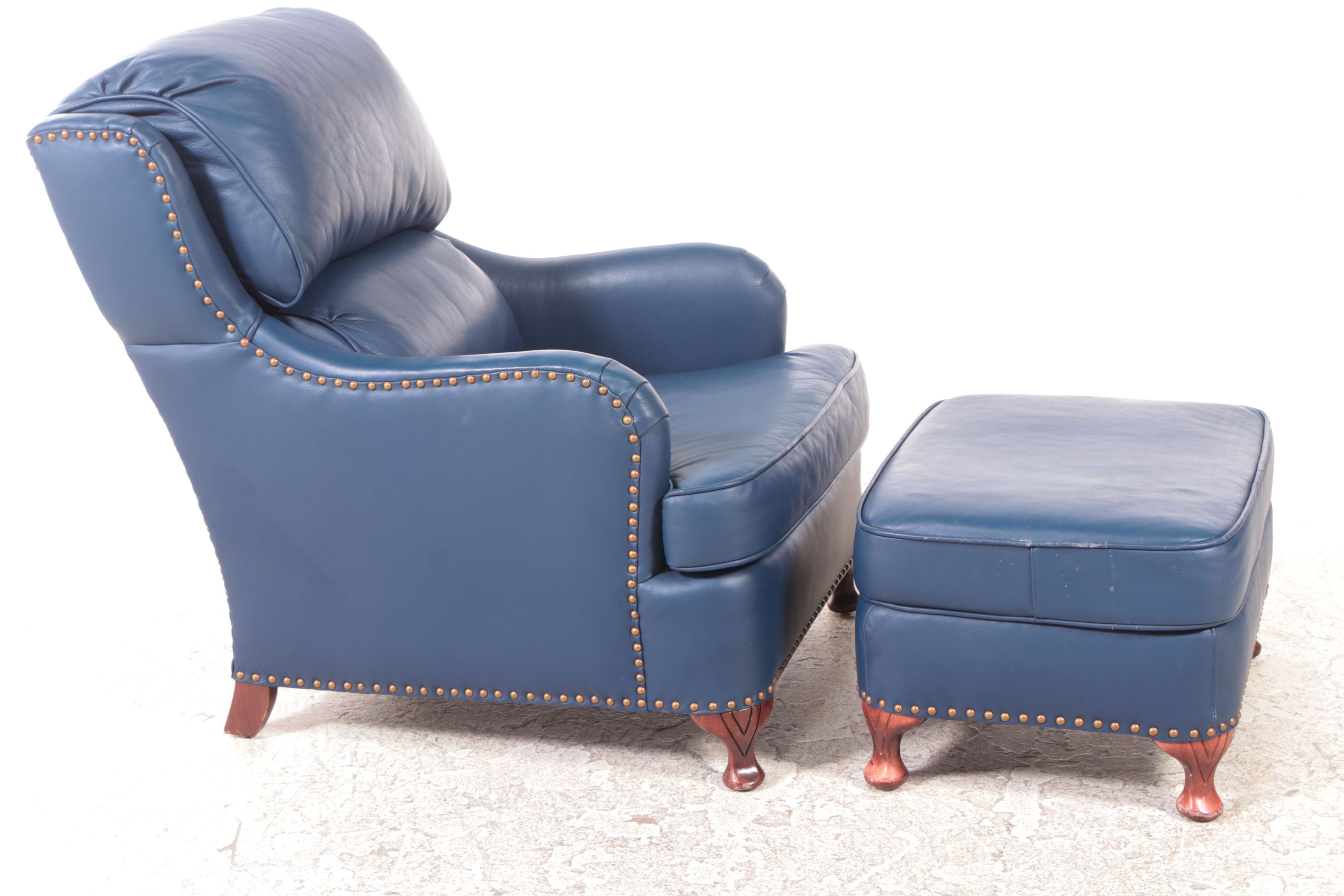 Distinction Leather Inc. Queen Anne Style Blue Leather Easy Armchair and Ottoman