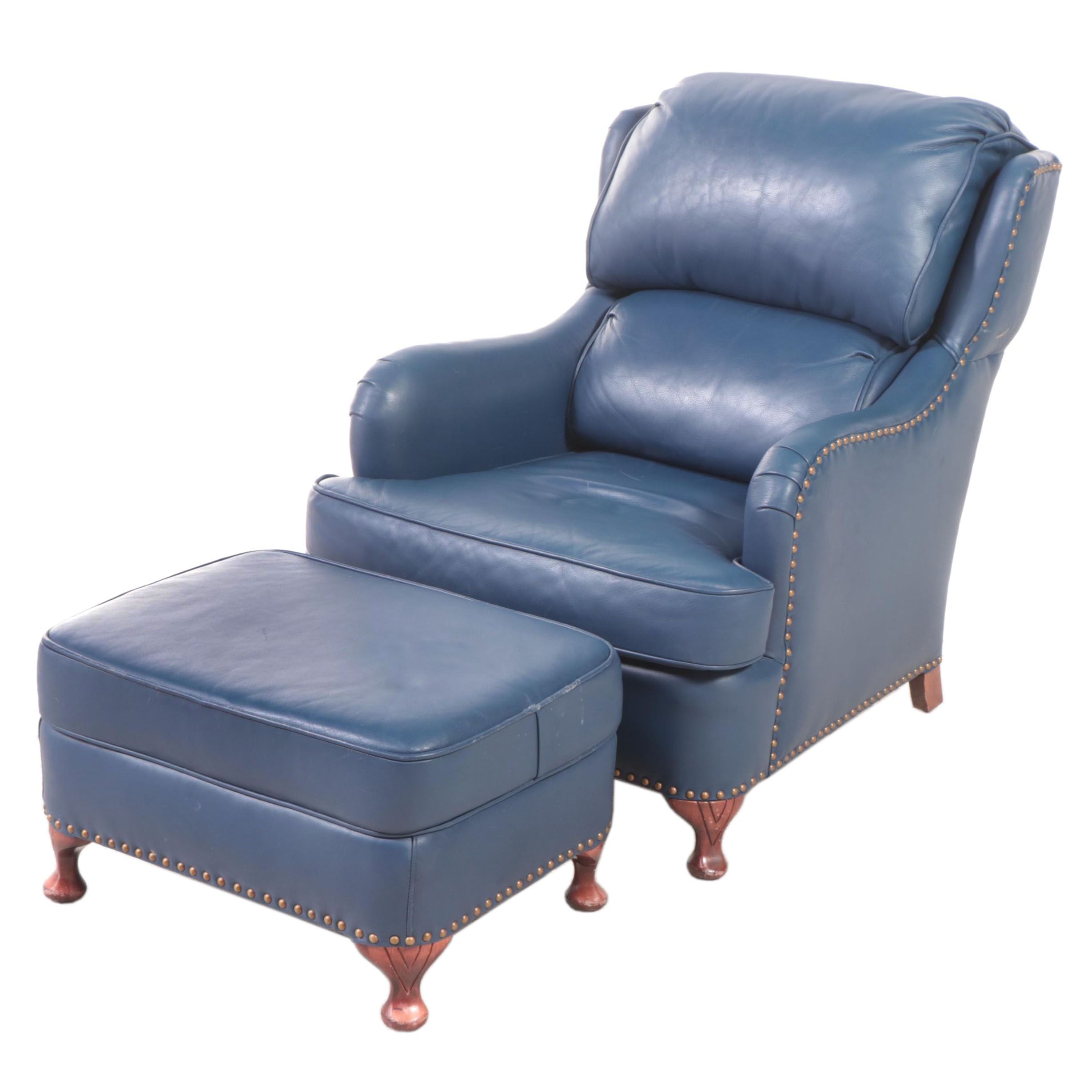 Distinction Leather Inc. Queen Anne Style Blue Leather Easy Armchair and Ottoman