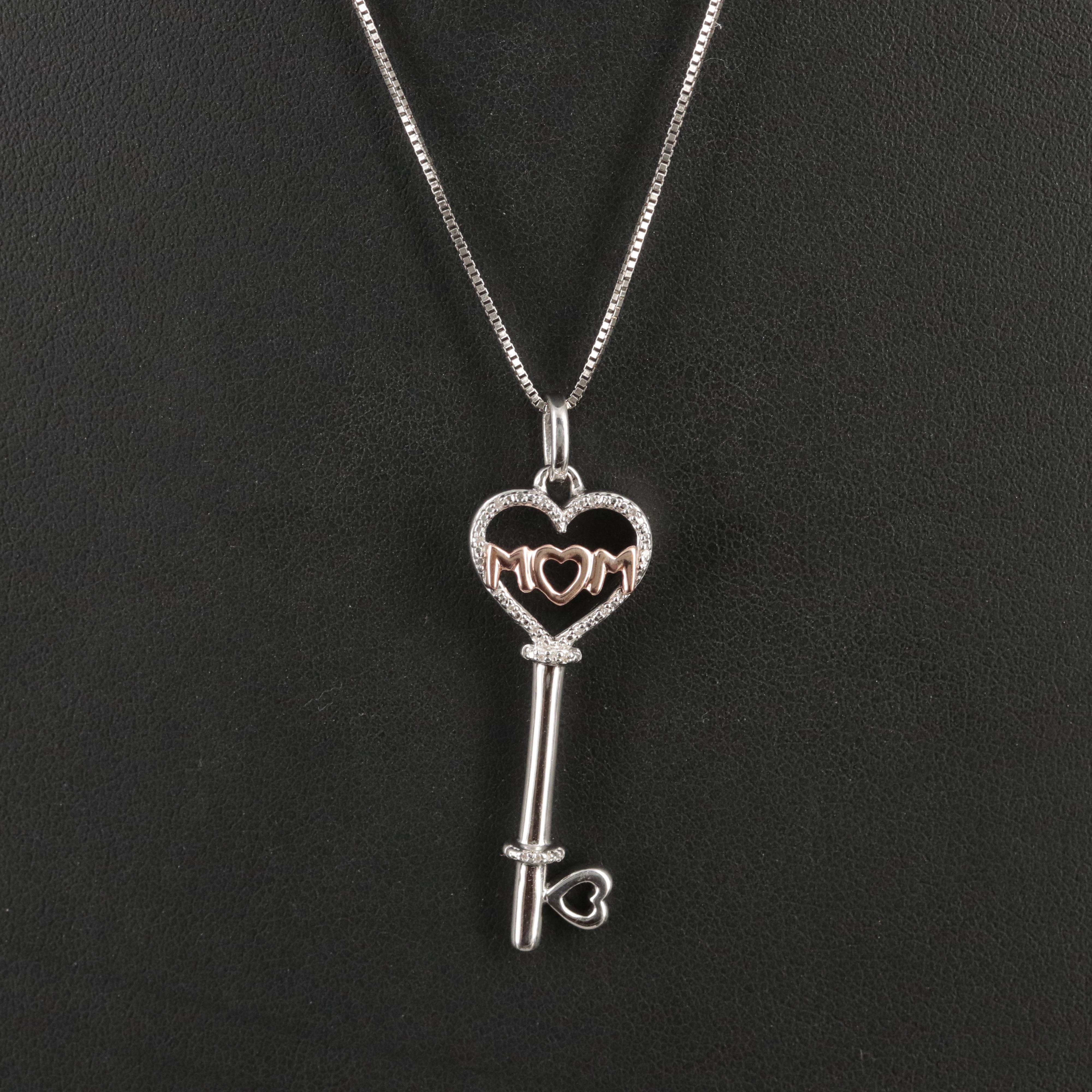 Sterling Diamond "Mom" Heart Key Pendant Necklace with 10K Rose Gold Accents