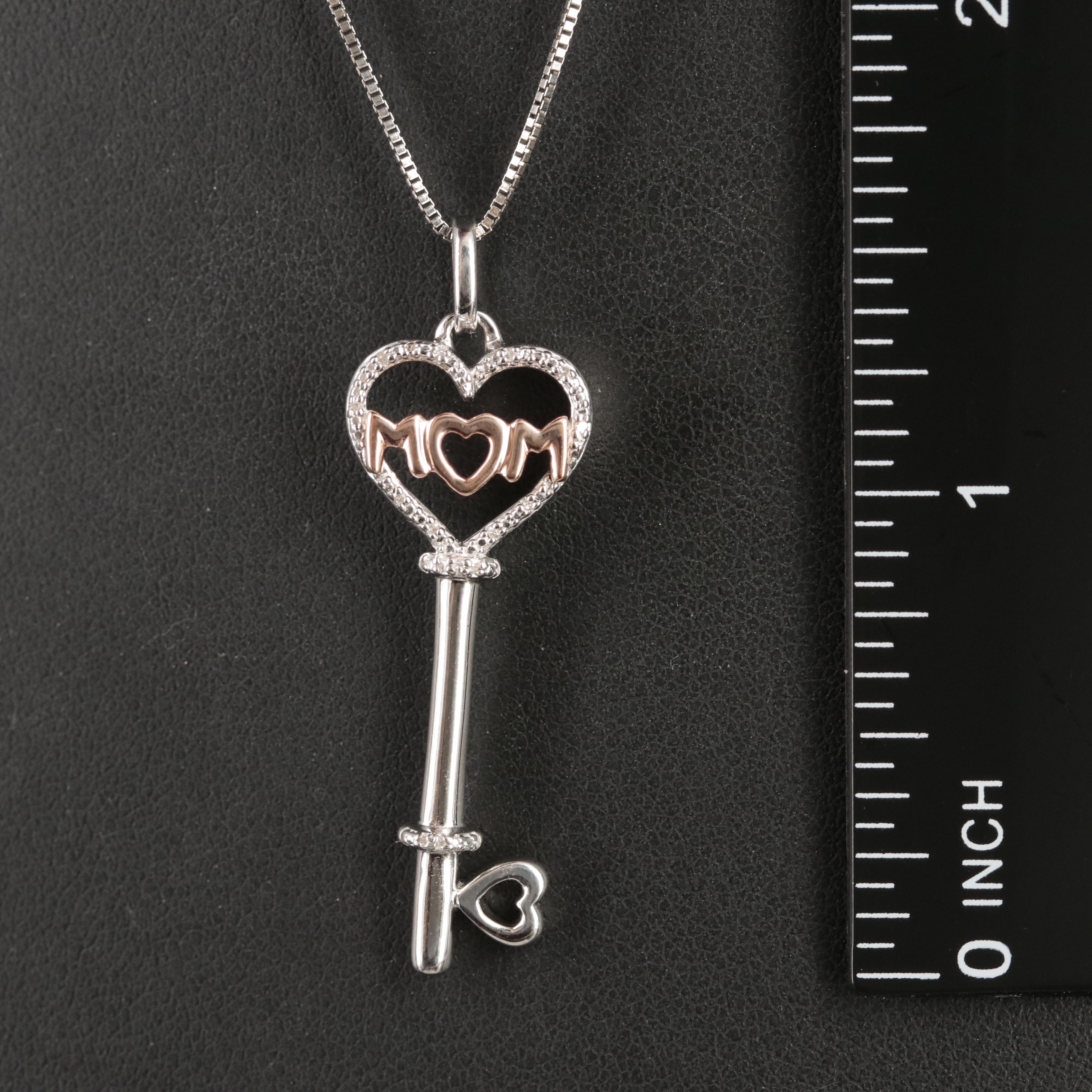 Sterling Diamond "Mom" Heart Key Pendant Necklace with 10K Rose Gold Accents
