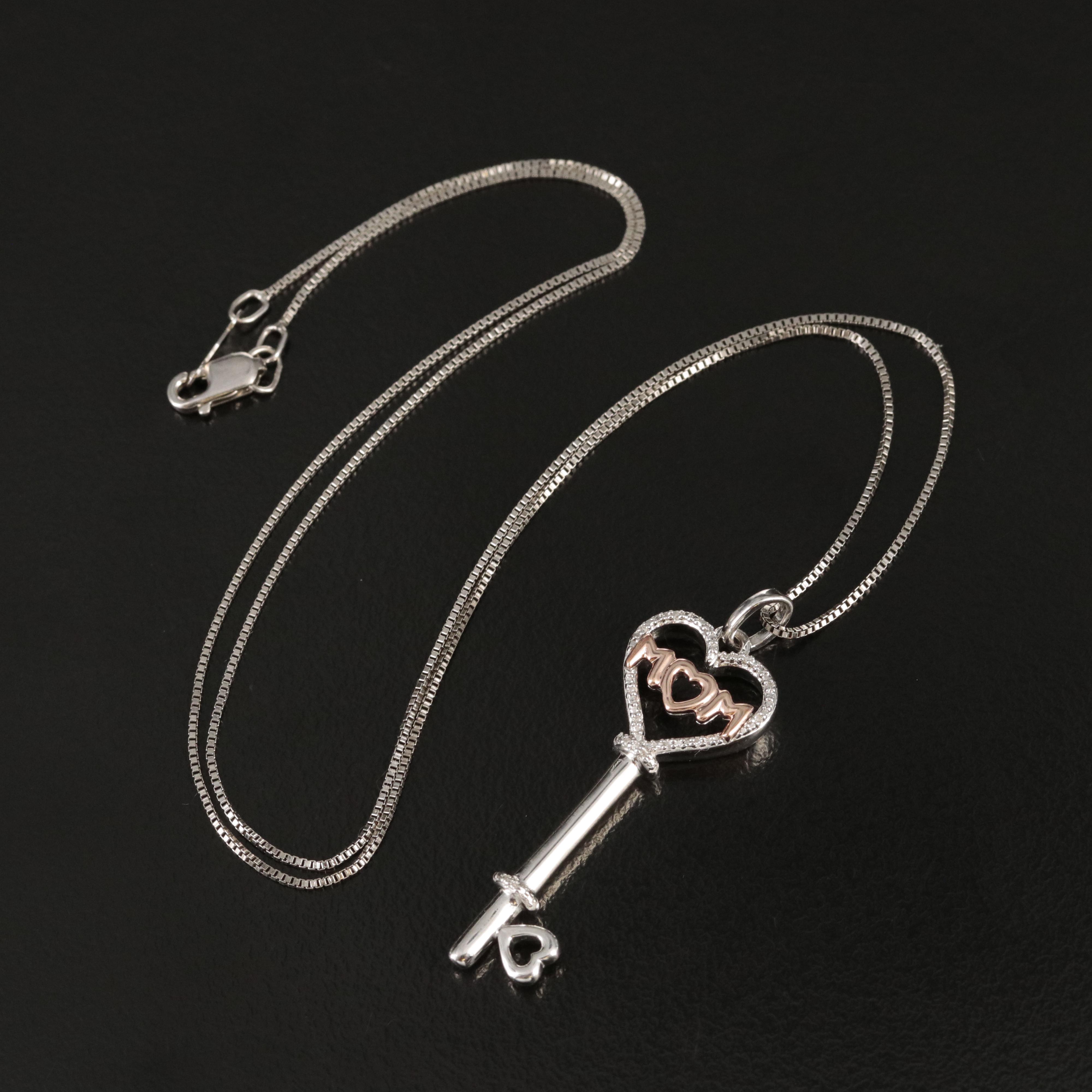 Sterling Diamond "Mom" Heart Key Pendant Necklace with 10K Rose Gold Accents