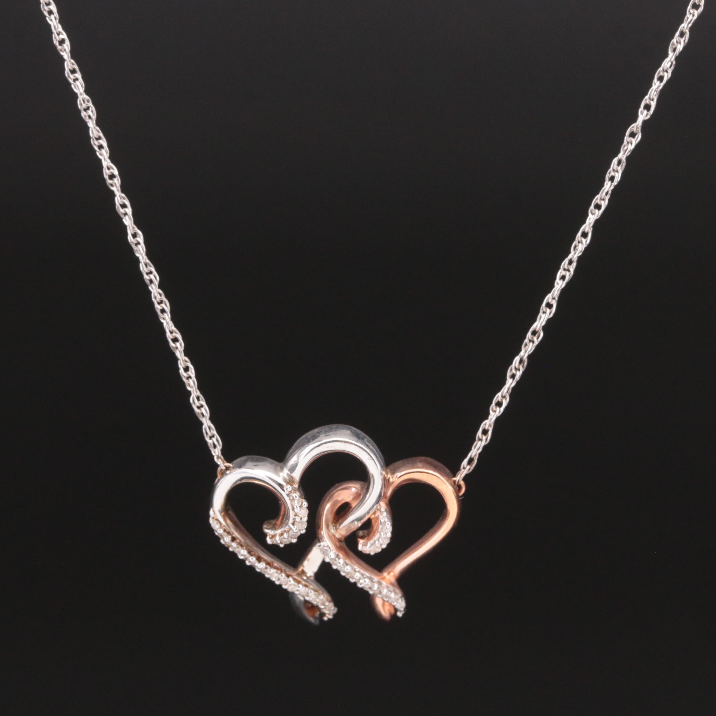 Sterling Diamond Double Heart Pendant Necklace