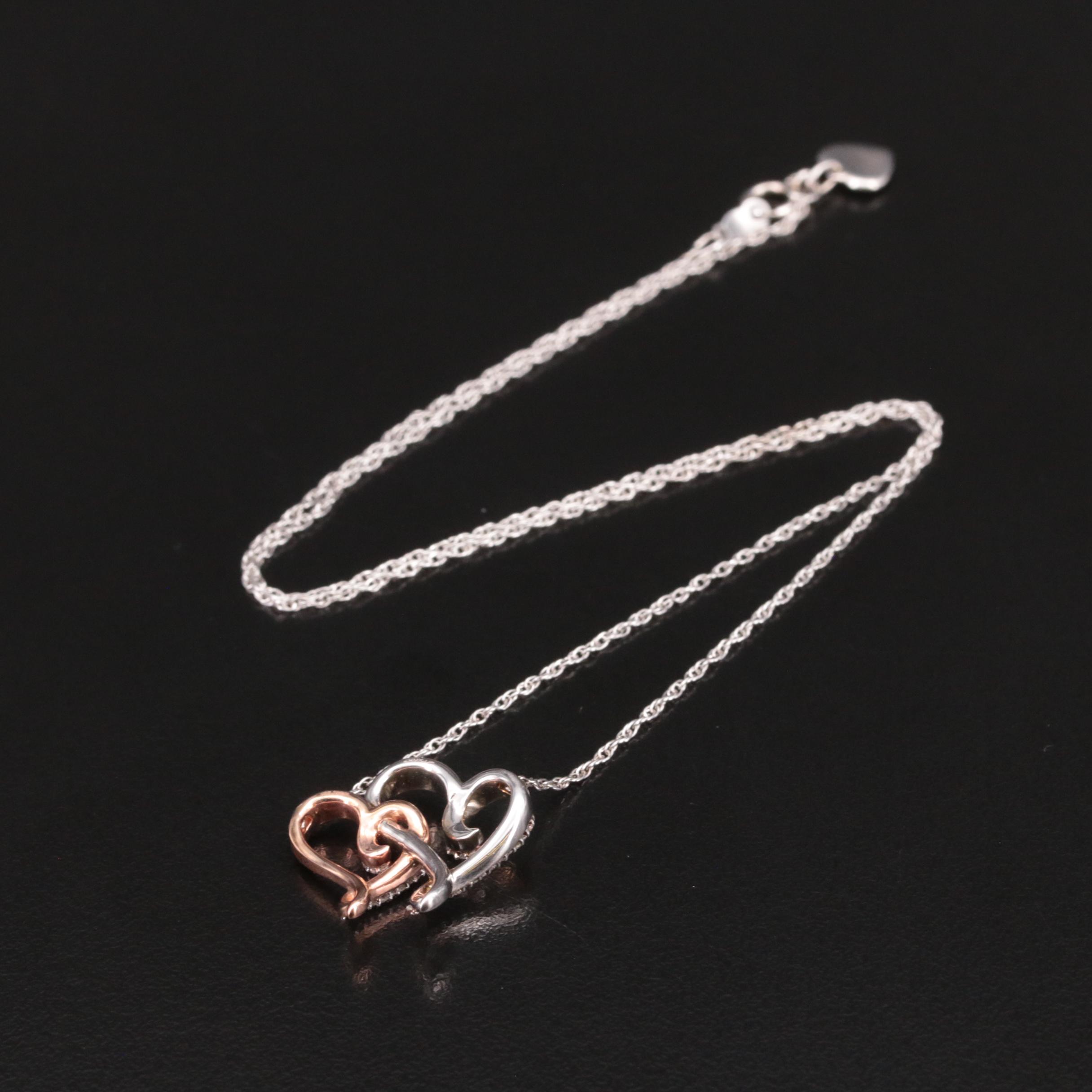 Sterling Diamond Double Heart Pendant Necklace