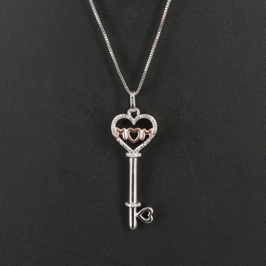 Sterling Diamond "Mom" Heart Key Pendant Necklace with 10K Rose Gold Accents