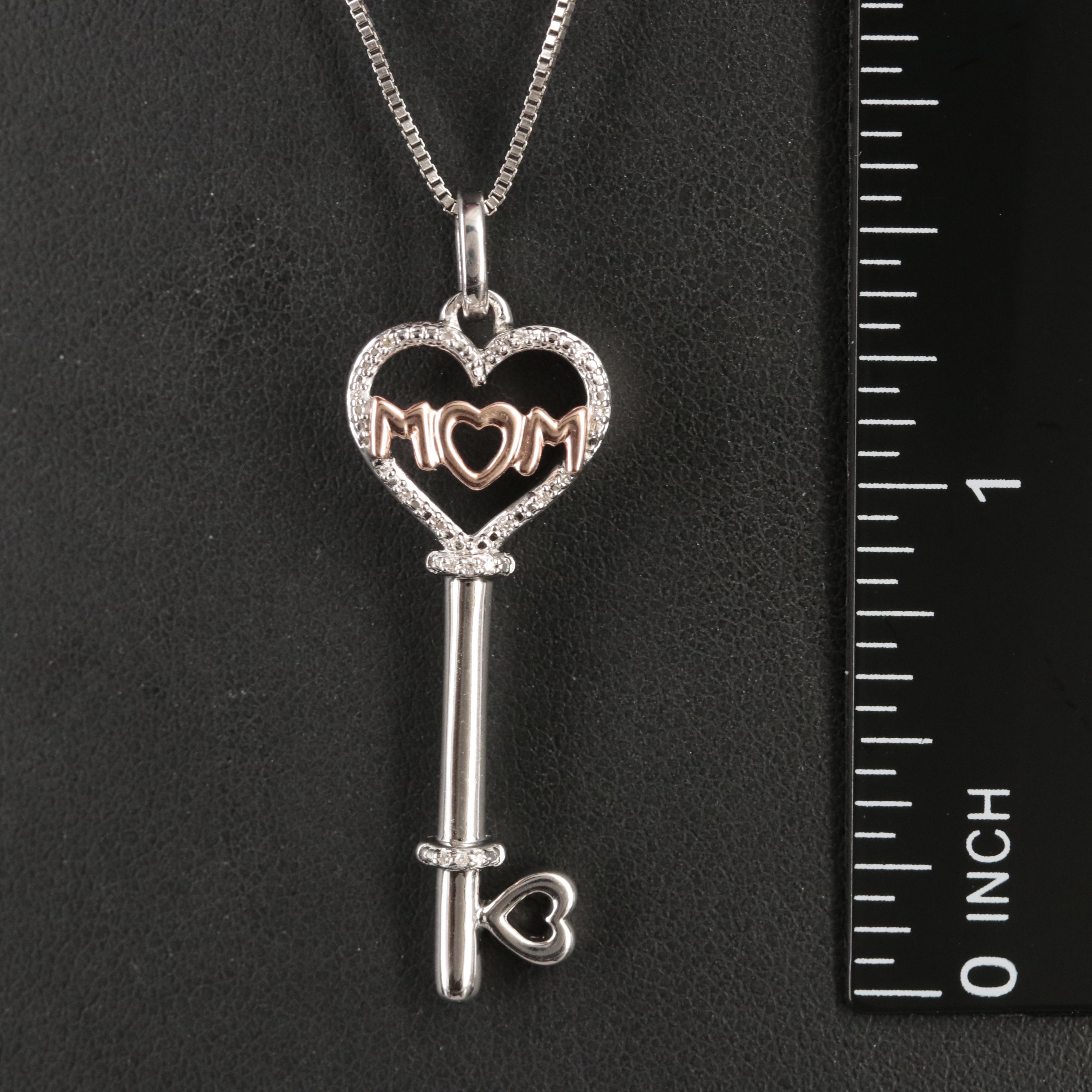 Sterling Diamond "Mom" Heart Key Pendant Necklace with 10K Rose Gold Accents