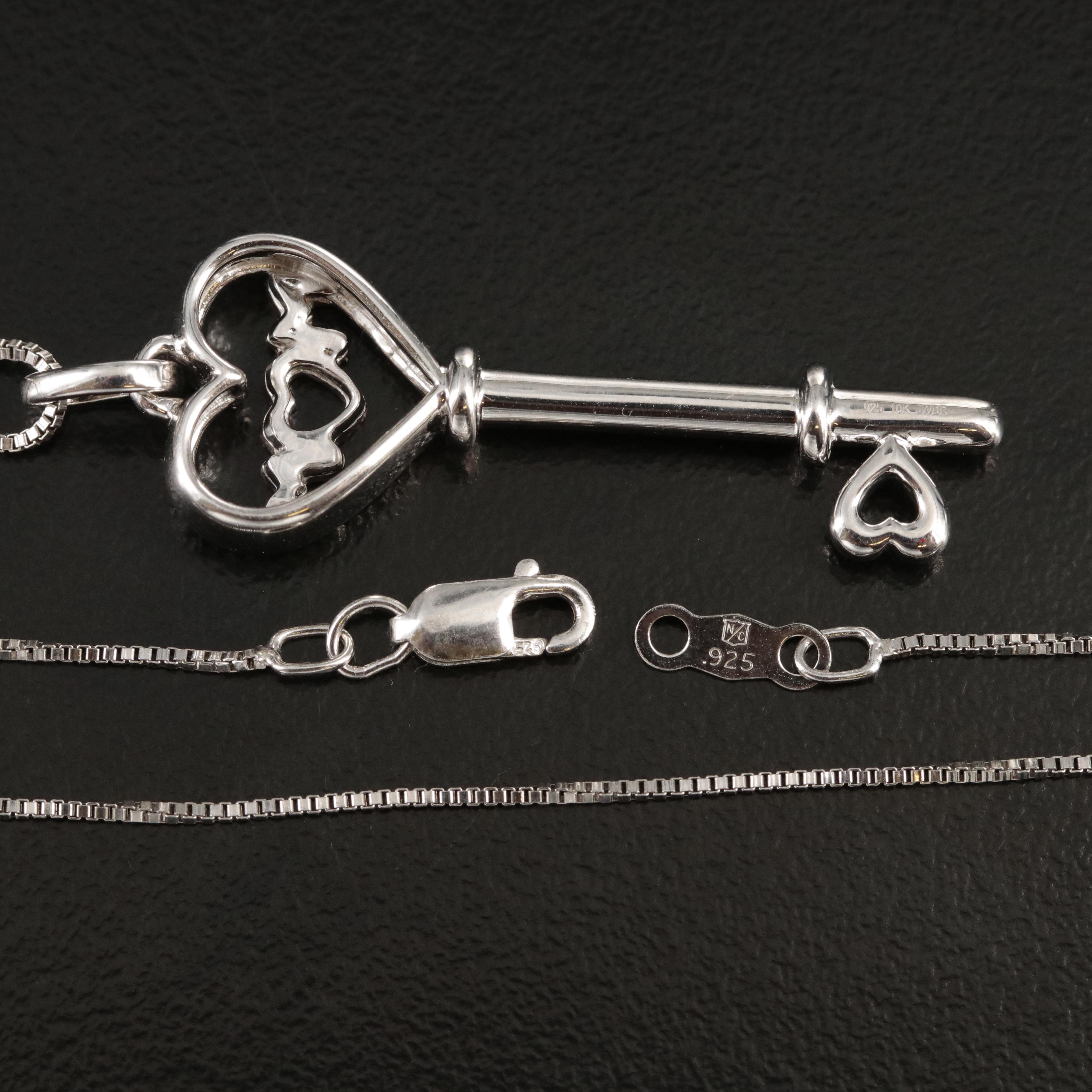 Sterling Diamond "Mom" Heart Key Pendant Necklace with 10K Rose Gold Accents